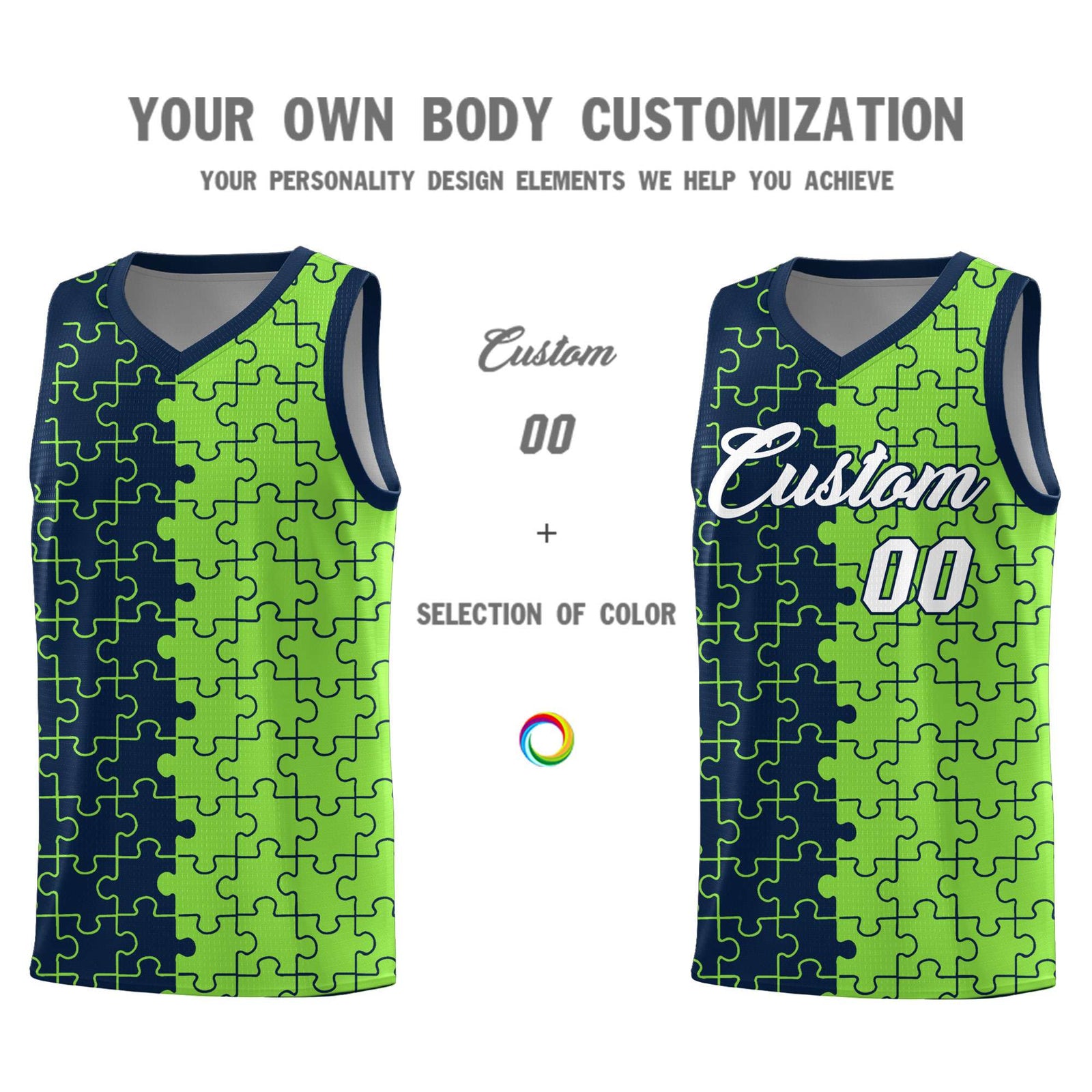 Custom Youth Basketball Jersey Navy Fluorescent Green Puzzle Pattern Moisture-Wicking Team Uniform
