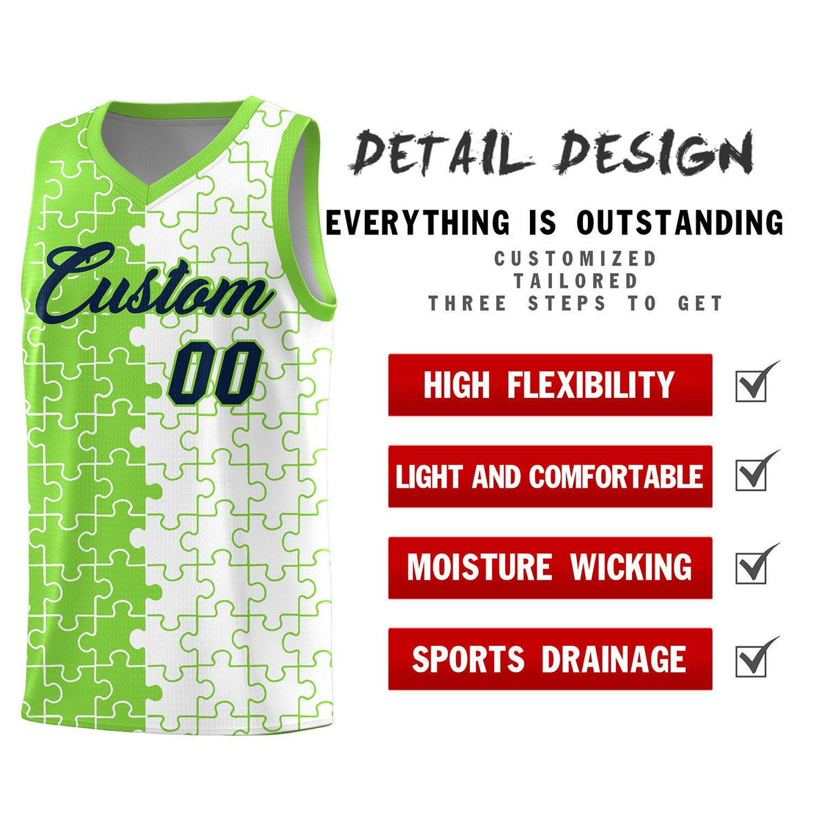 Custom Youth Basketball Jersey Fluorescent Green White Puzzle Pattern Personalized Team Uniform