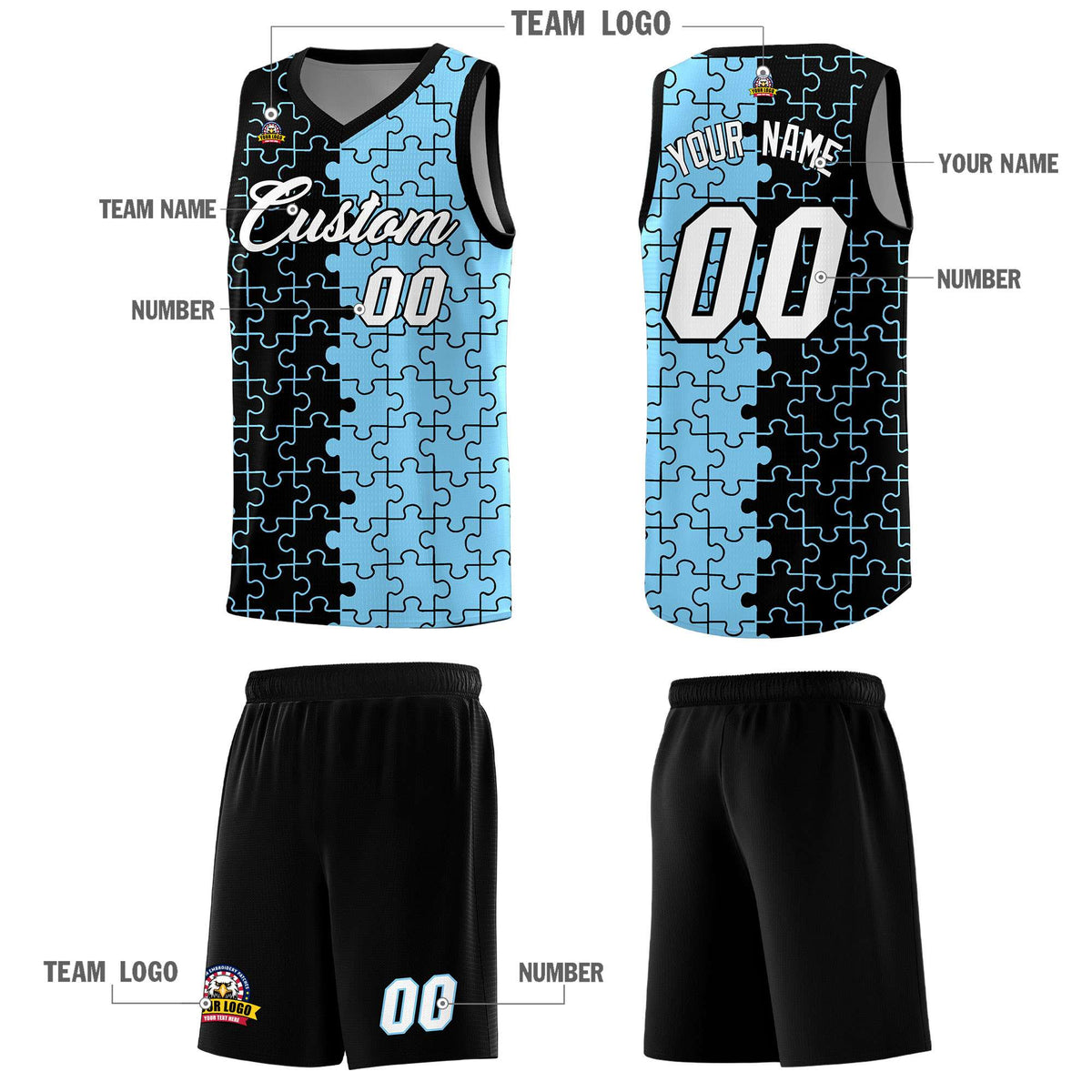 Custom Youth Basketball Jersey Black Light Blue Puzzle Pattern Add Name, Number &amp; Team Logo