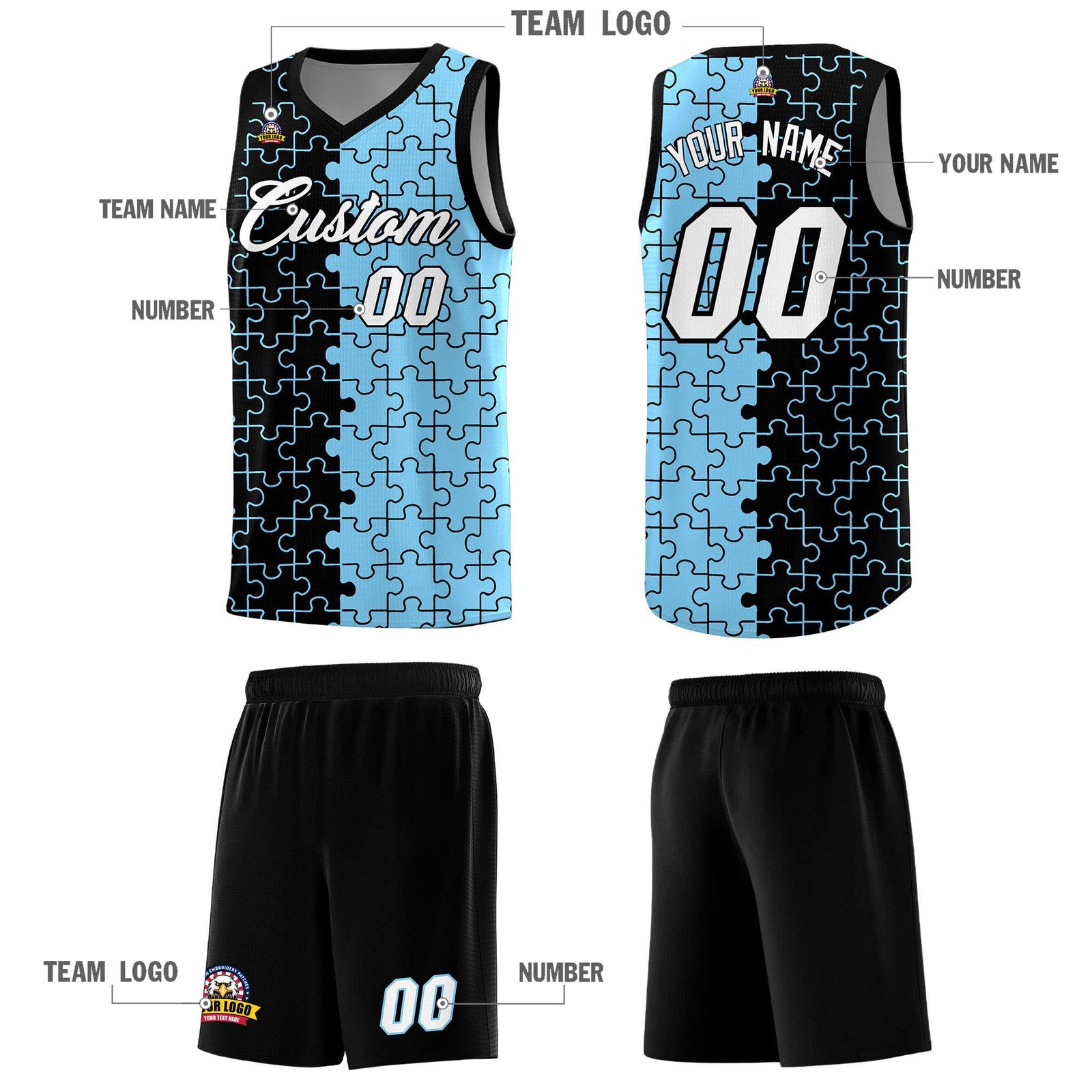 Custom Youth Basketball Jersey Black Light Blue Puzzle Pattern Add Name, Number & Team Logo