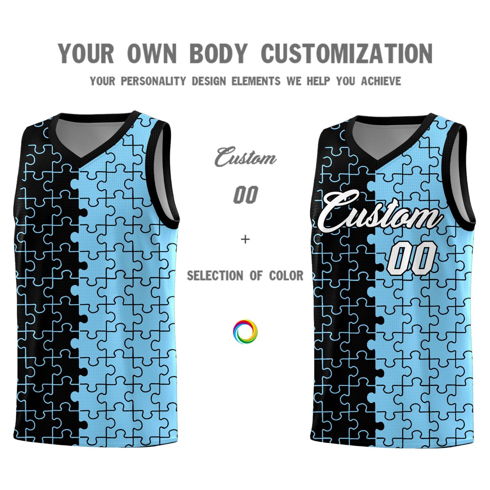 Custom Youth Basketball Jersey Black Light Blue Puzzle Pattern Add Name, Number & Team Logo