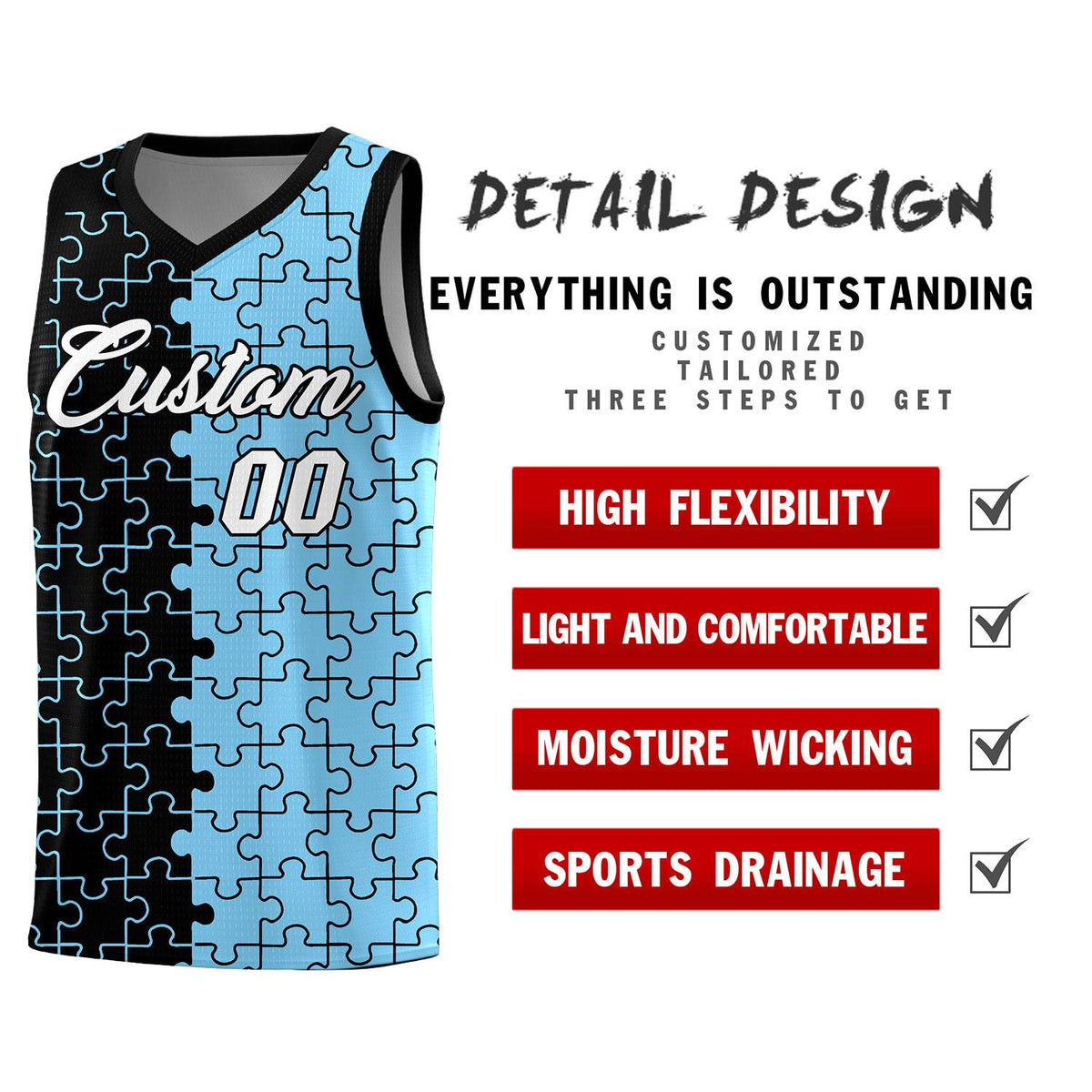 Custom Youth Basketball Jersey Black Light Blue Puzzle Pattern Add Name, Number &amp; Team Logo