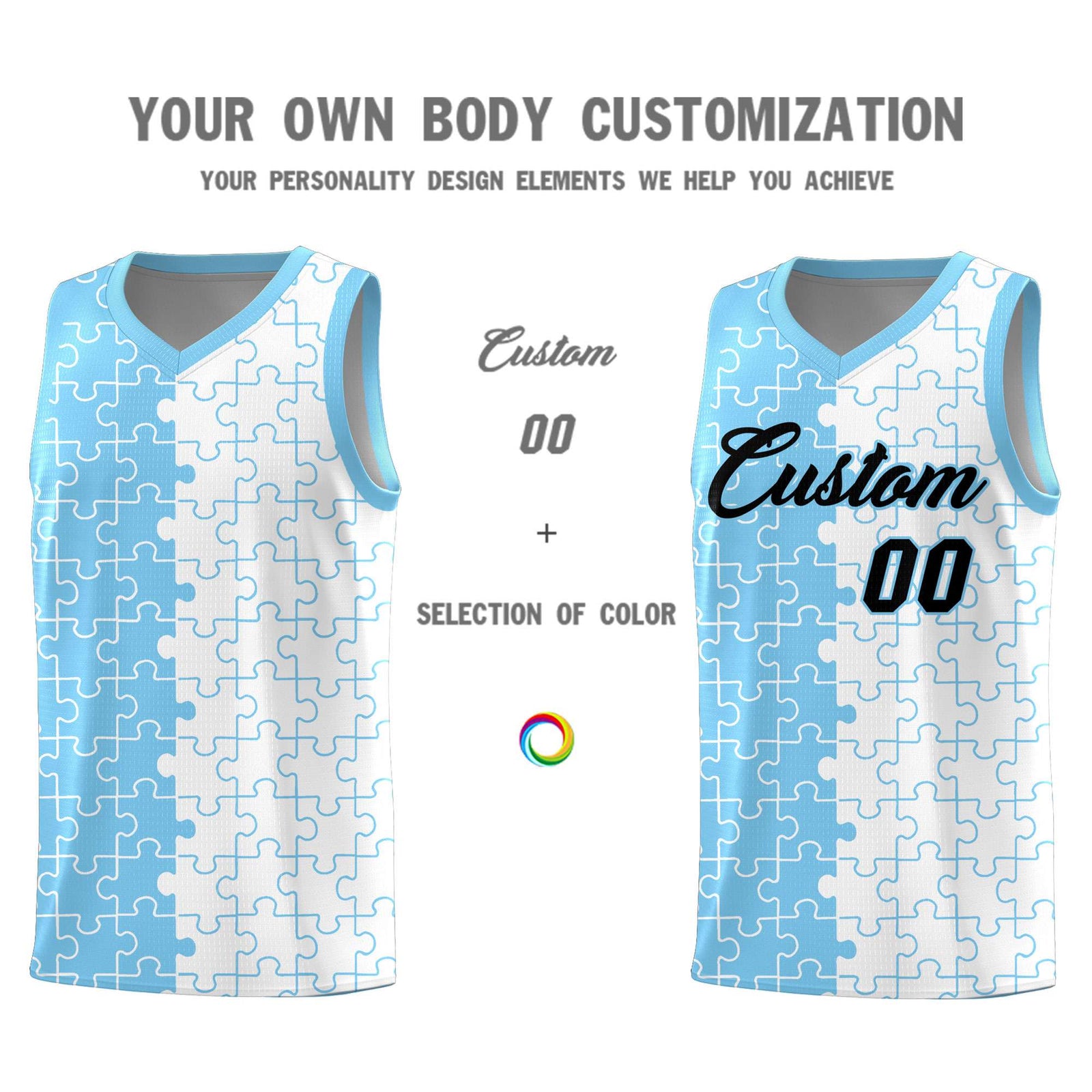 Custom Youth Basketball Jersey Light Blue White Puzzle Pattern Breathable Team Uniform