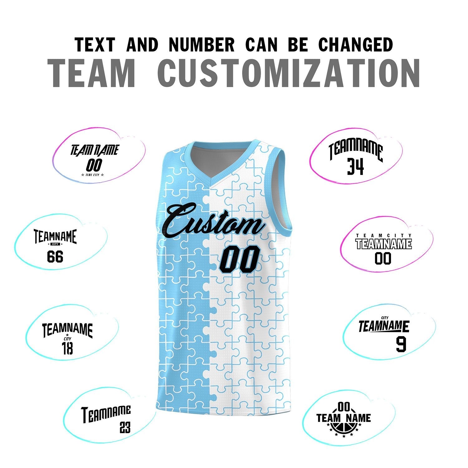 Custom Youth Basketball Jersey Light Blue White Puzzle Pattern Breathable Team Uniform