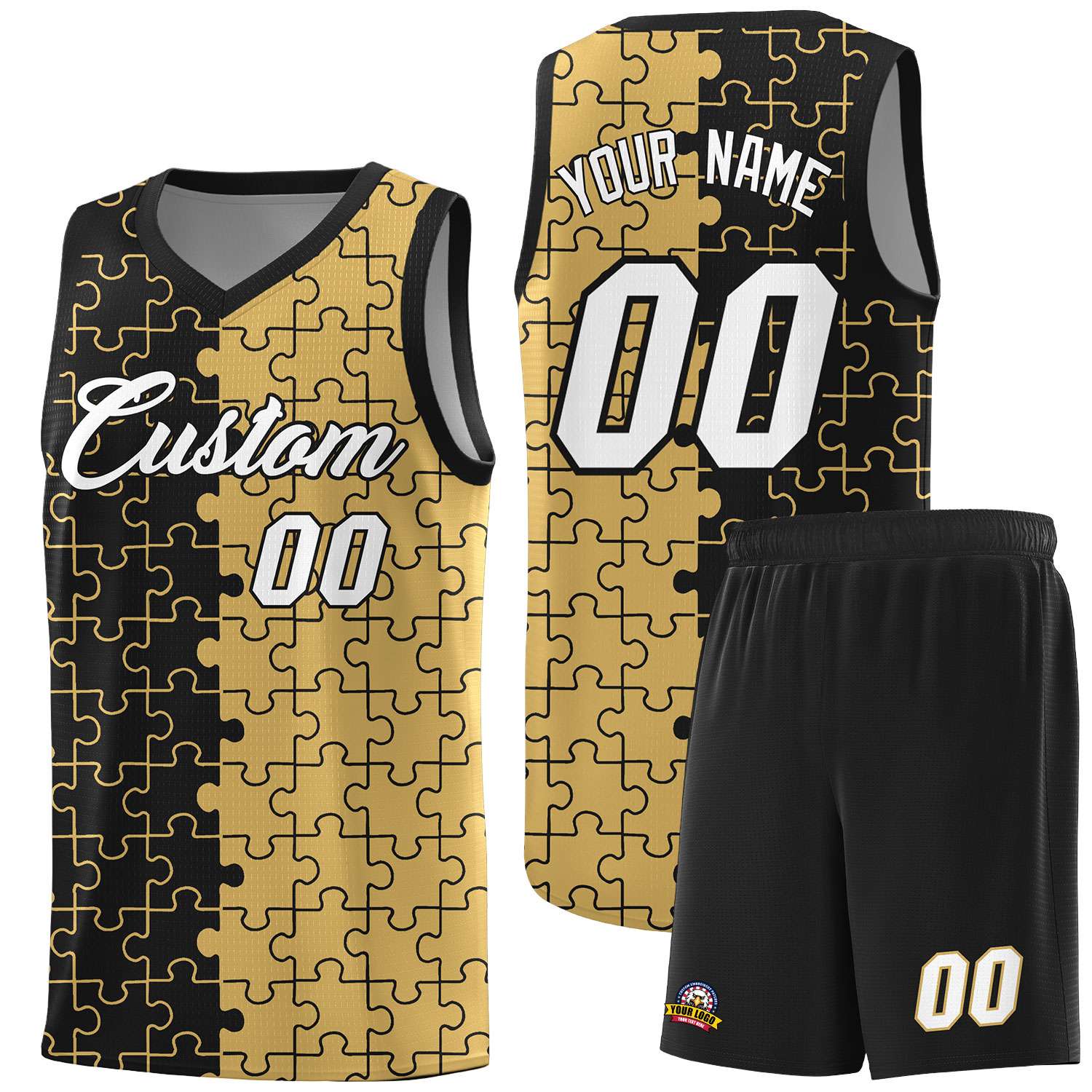 Custom Youth Basketball Jersey Black Old Gold Puzzle Pattern Moisture-Wicking Team Uniform