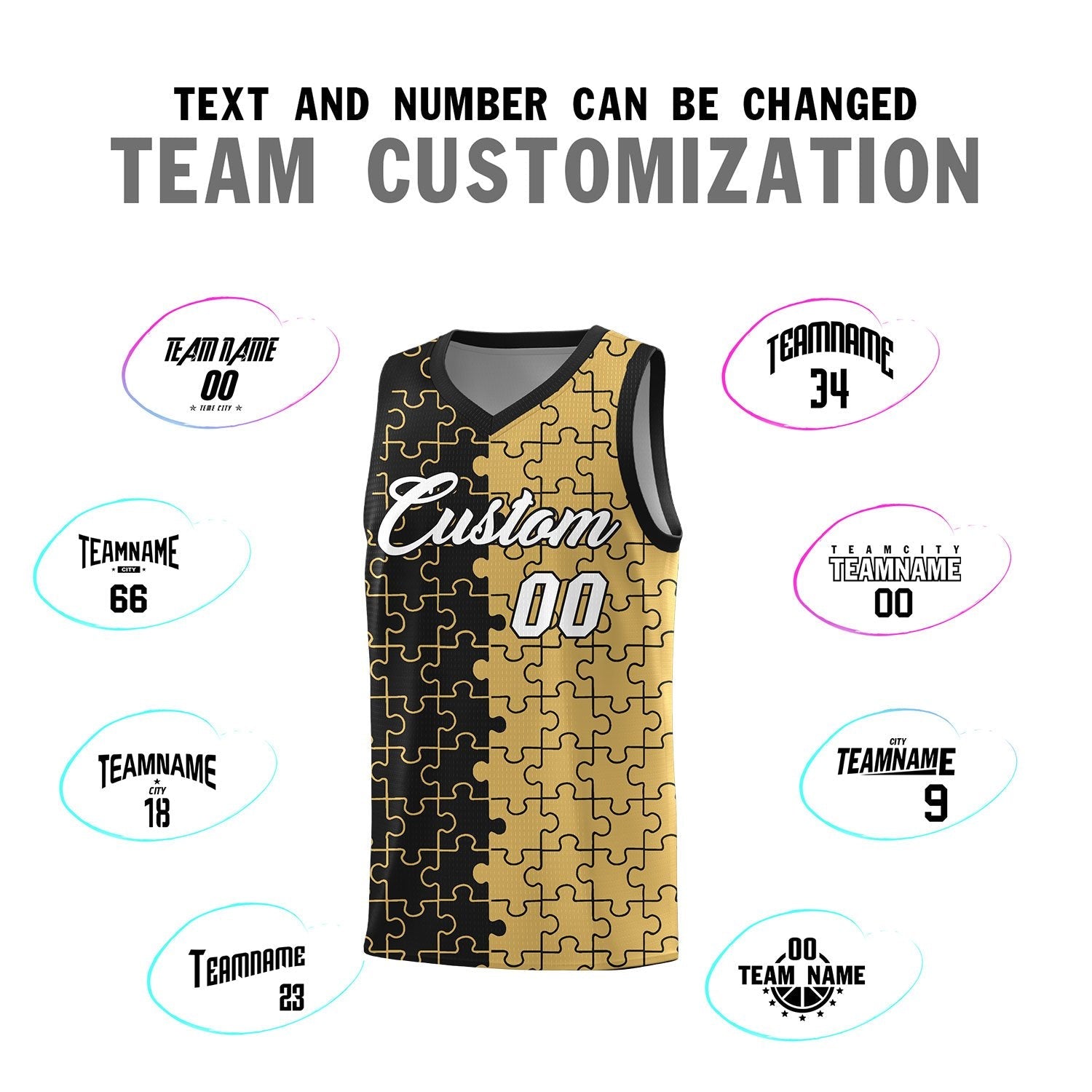 Custom Youth Basketball Jersey Black Old Gold Puzzle Pattern Moisture-Wicking Team Uniform