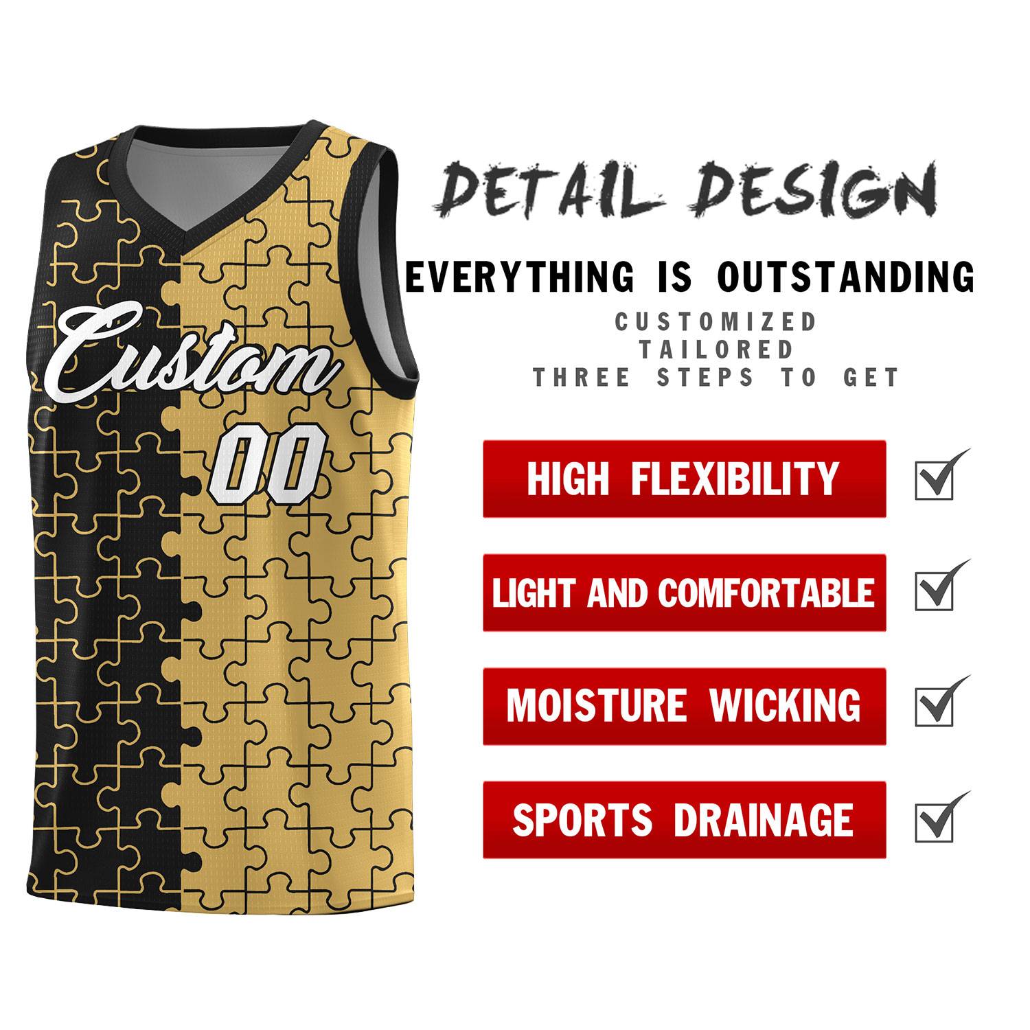 Custom Youth Basketball Jersey Black Old Gold Puzzle Pattern Moisture-Wicking Team Uniform