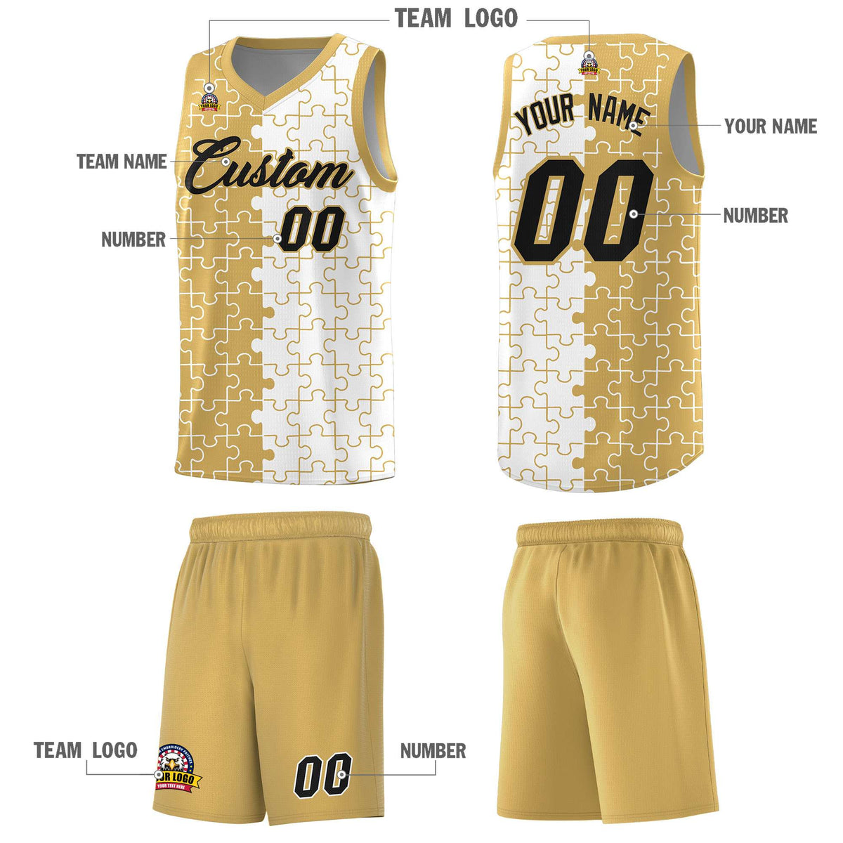 Custom Youth Basketball Jersey Old Gold White Puzzle Pattern Personalized Team Uniform