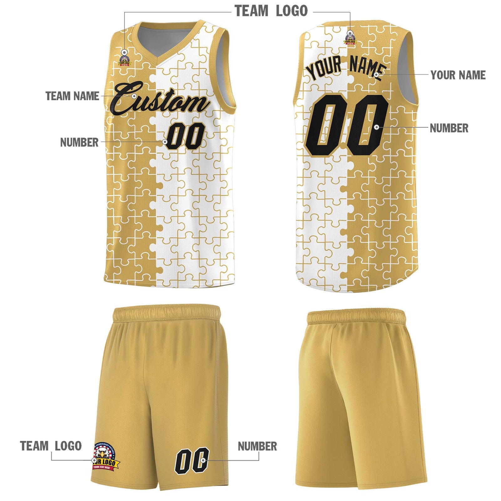 Custom Youth Basketball Jersey Old Gold White Puzzle Pattern Personalized Team Uniform