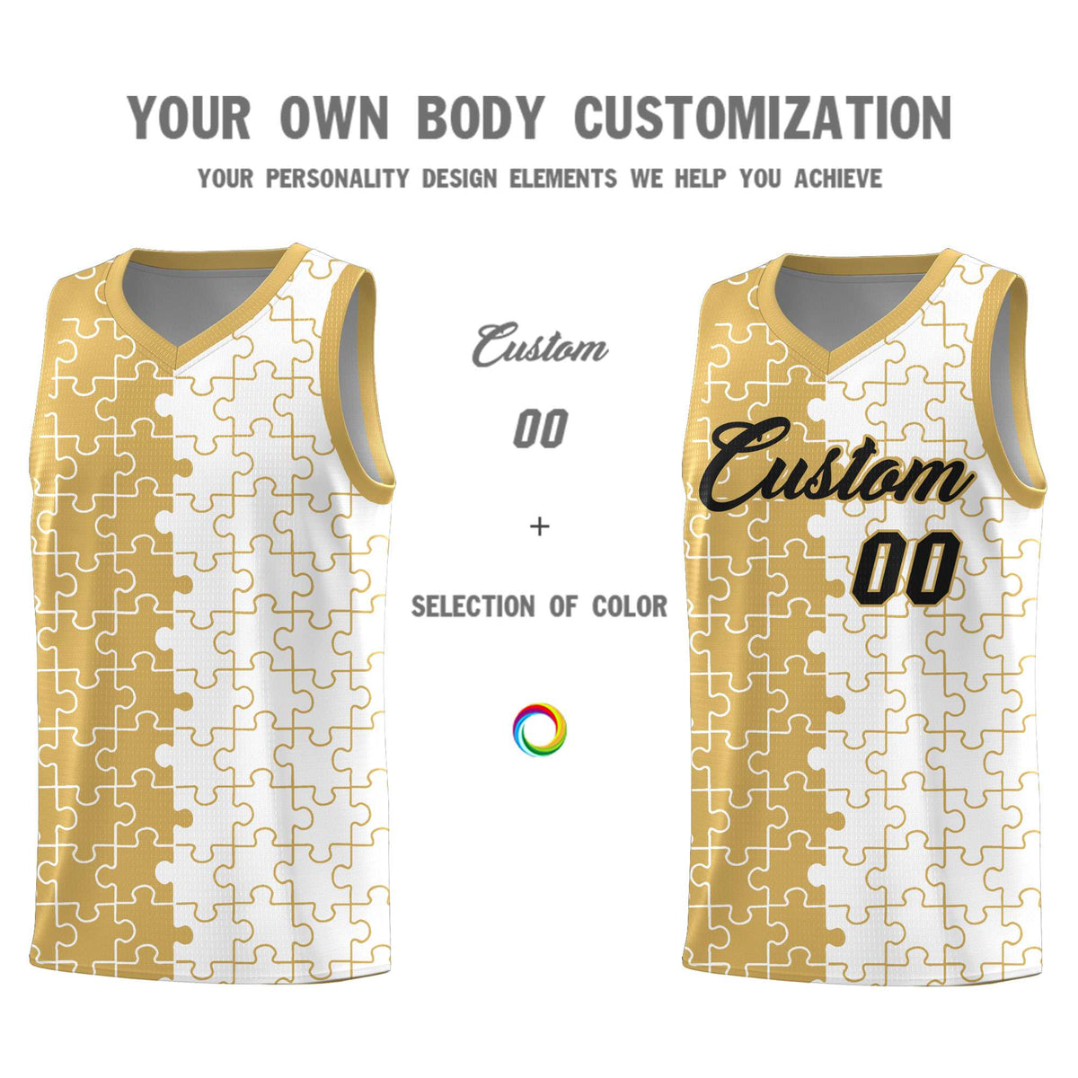 Custom Youth Basketball Jersey Old Gold White Puzzle Pattern Personalized Team Uniform