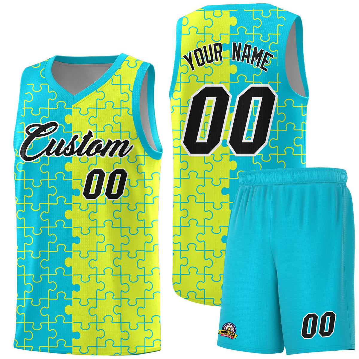 Custom Youth Basketball Jersey Sky Blue Fluorescent Green Puzzle Pattern Personalized Team Uniform