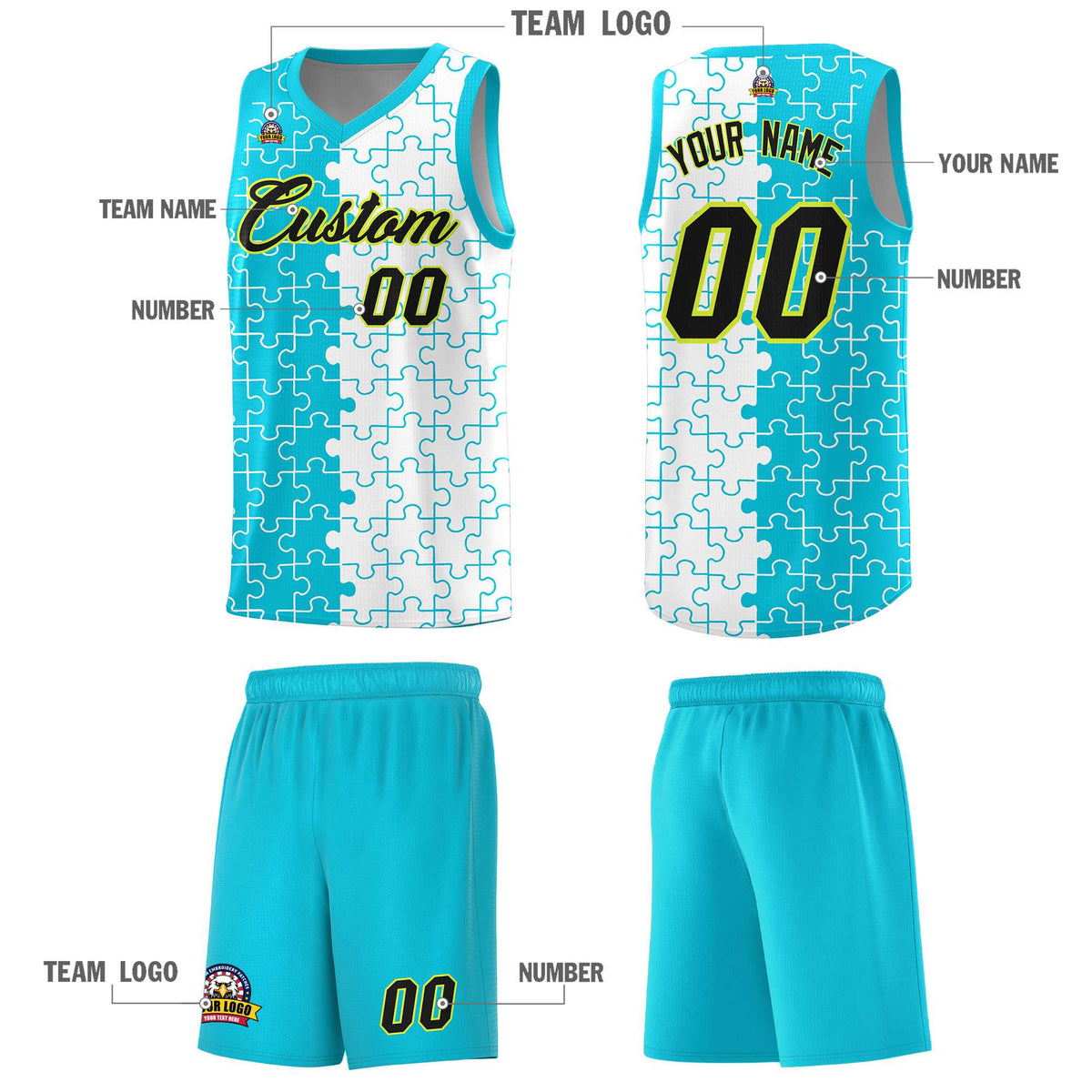 Custom Youth Basketball Jersey Sky Blue White Puzzle Pattern Breathable Team Uniform