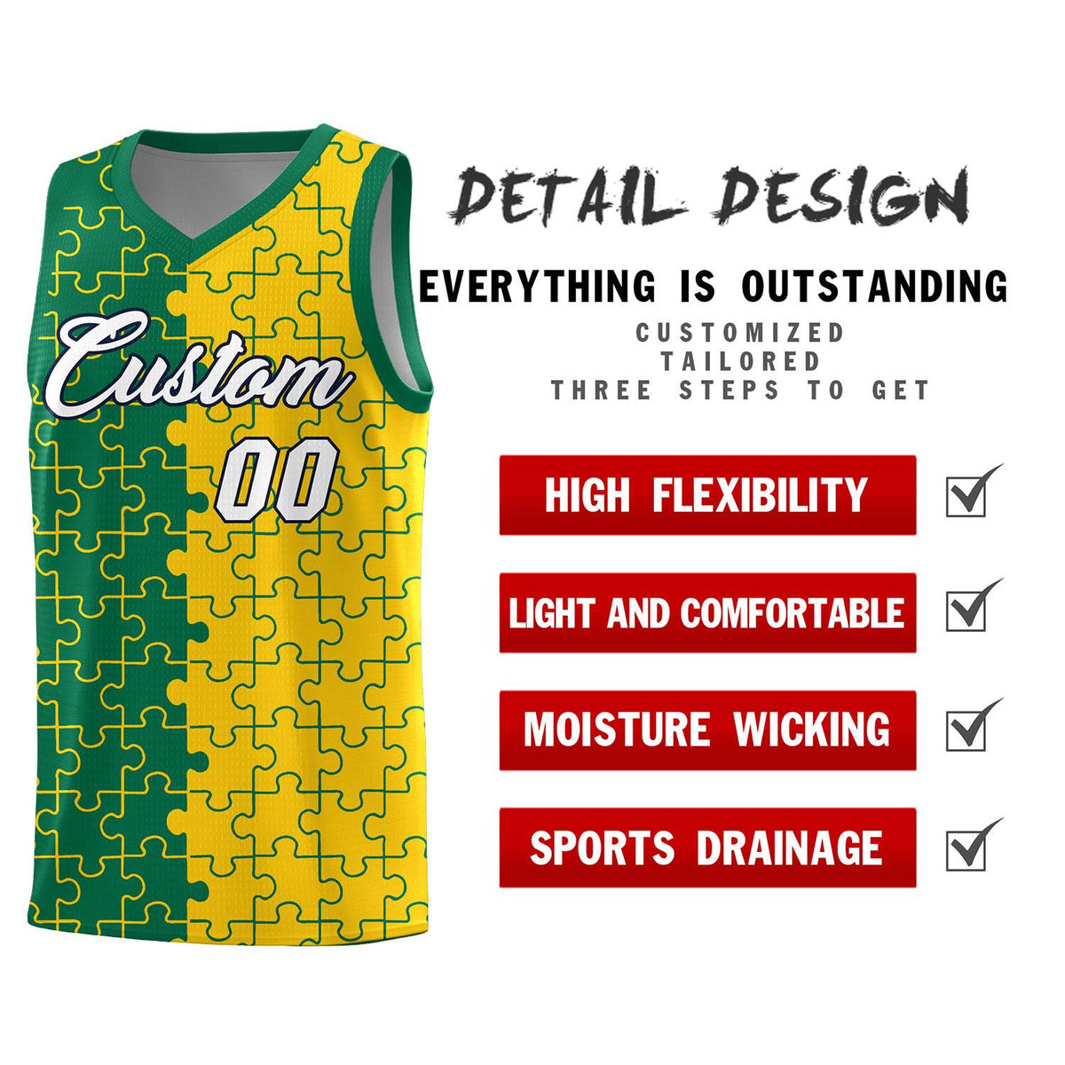 Custom Youth Basketball Jersey Kelly Green Gold Puzzle Pattern Personalized Team Uniform