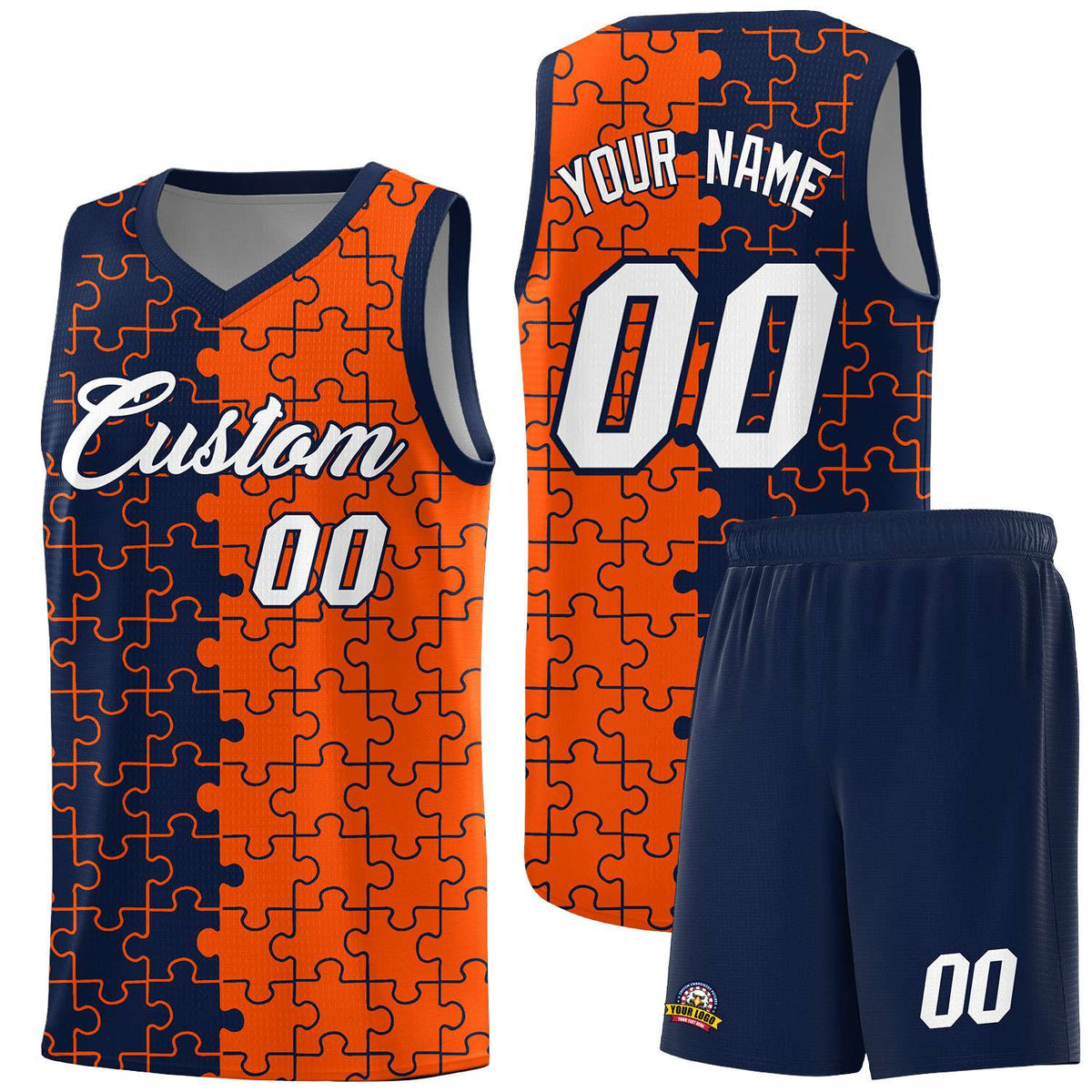 Custom Youth Basketball Jersey Navy Orange Puzzle Pattern Add Name, Number &amp; Team Logo