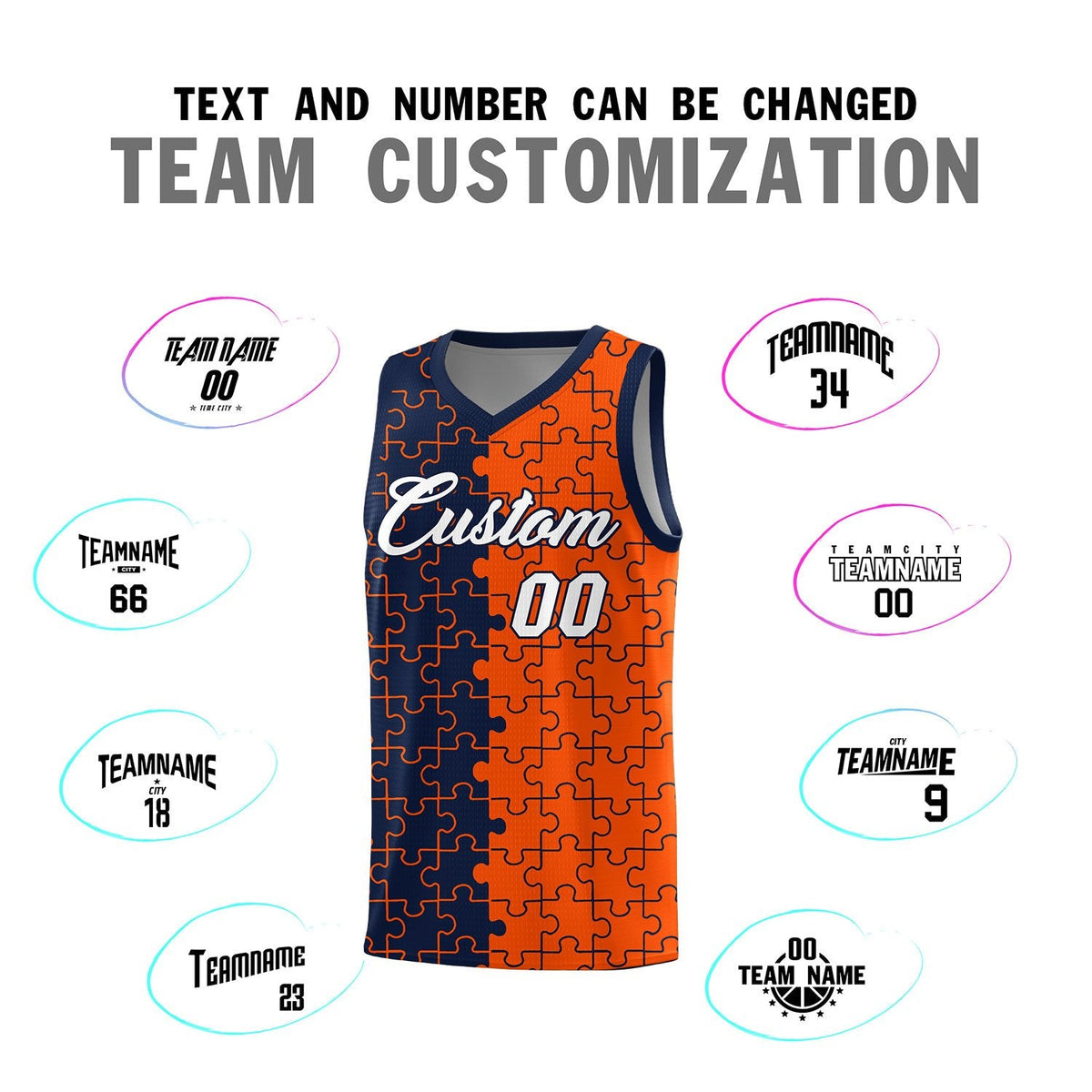 Custom Youth Basketball Jersey Navy Orange Puzzle Pattern Add Name, Number &amp; Team Logo