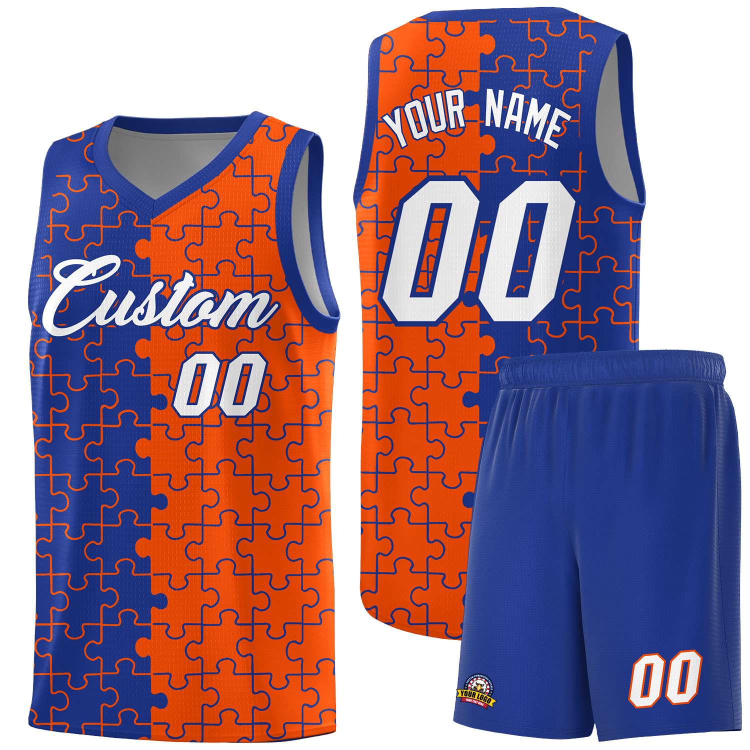 Custom Youth Basketball Jersey Royal Blue Orange Puzzle Pattern Breathable Team Uniform