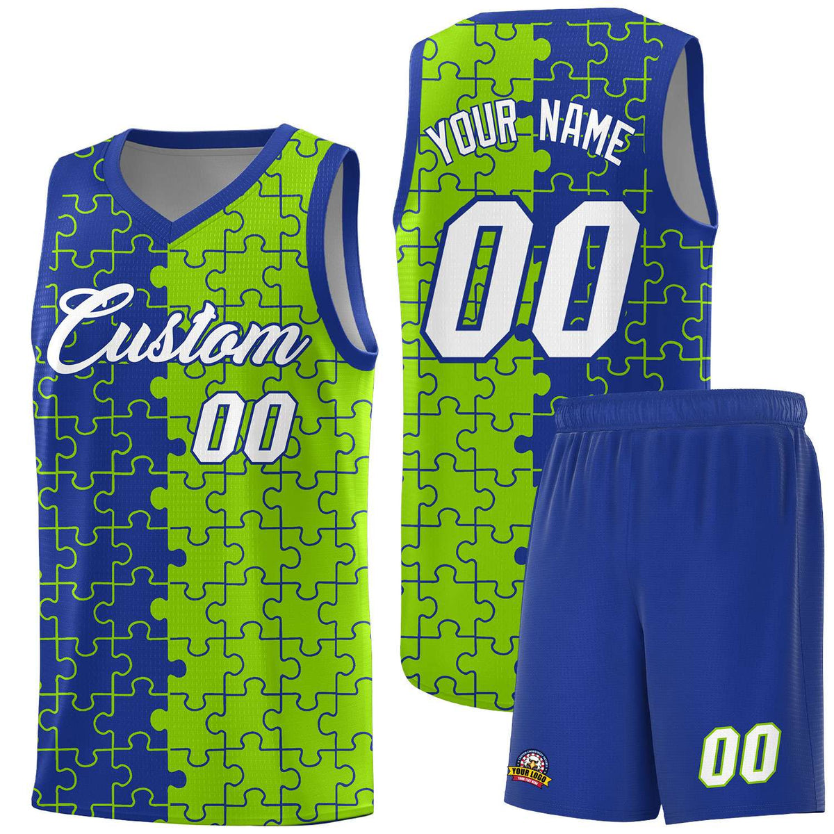 Custom Youth Basketball Jersey Royal Blue Neon Green Puzzle Pattern Moisture-Wicking Team Uniform