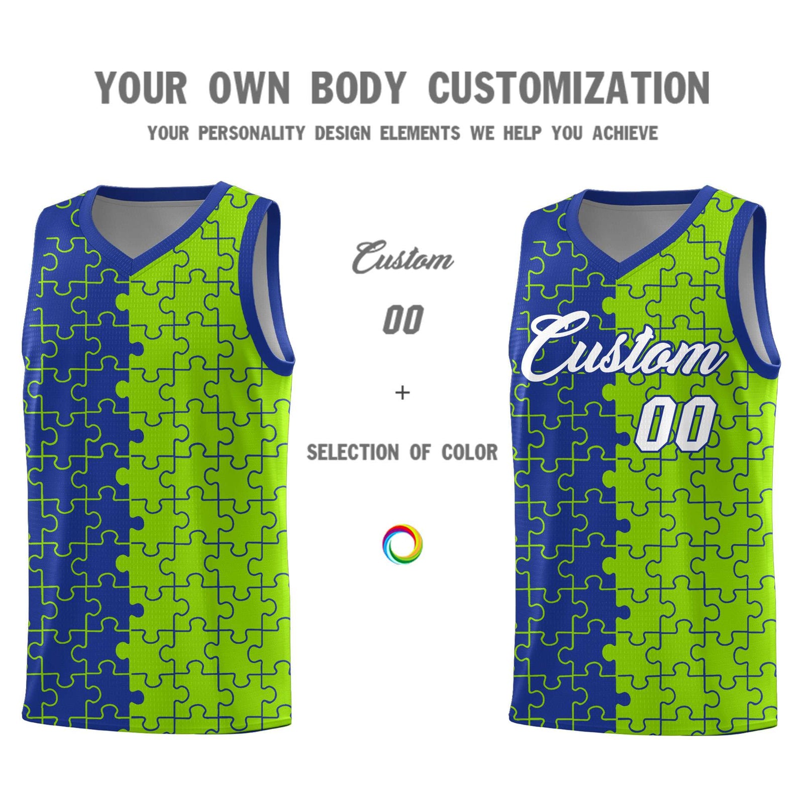 Custom Youth Basketball Jersey Royal Blue Neon Green Puzzle Pattern Moisture-Wicking Team Uniform