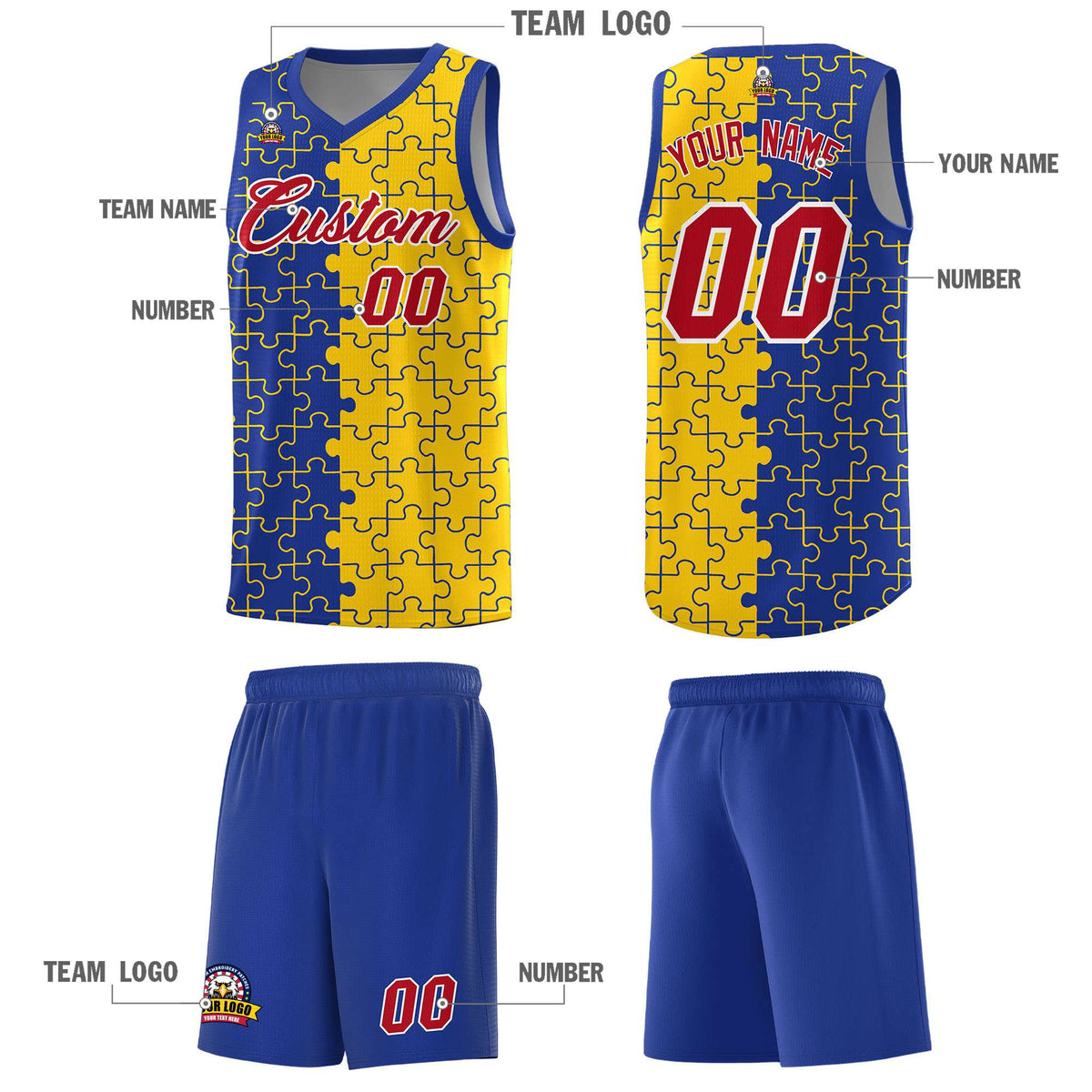 Custom Youth Basketball Jersey Royal Blue Gold Puzzle Pattern Add Name, Number &amp; Team Logo