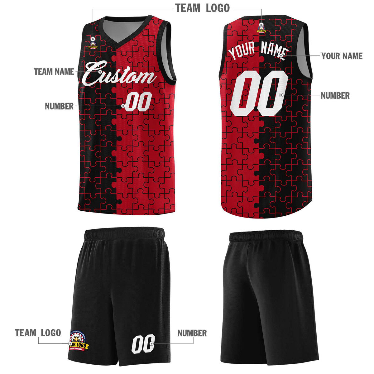Custom Youth Basketball Jersey Black Red Puzzle Pattern Breathable Team Uniform