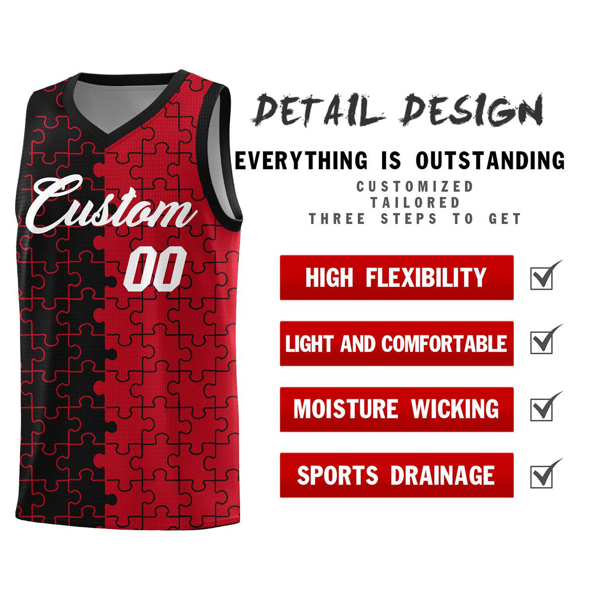 Custom Youth Basketball Jersey Black Red Puzzle Pattern Breathable Team Uniform