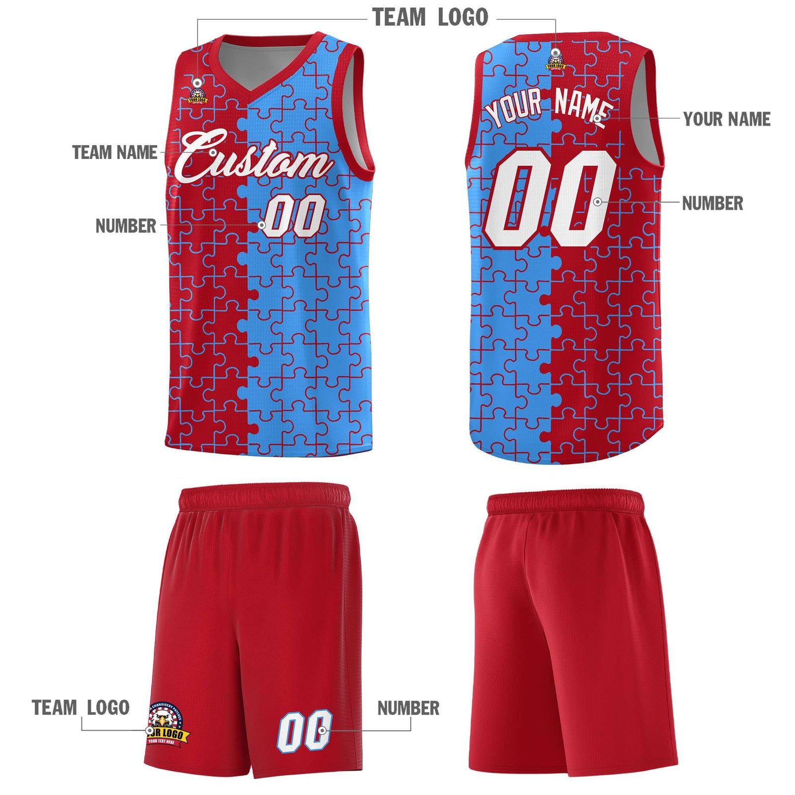 Custom Youth Basketball Jersey Red Light Blue Puzzle Pattern Moisture-Wicking Team Uniform