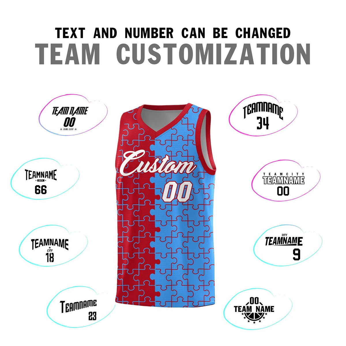 Custom Youth Basketball Jersey Red Light Blue Puzzle Pattern Moisture-Wicking Team Uniform