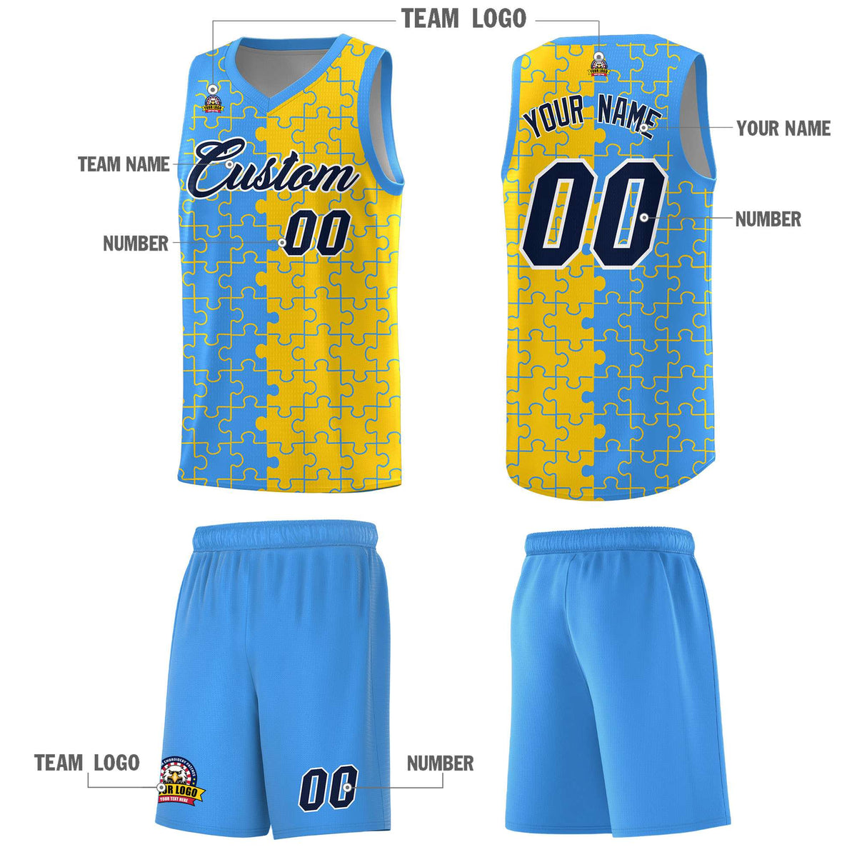 Custom Youth Basketball Jersey Light Blue Gold Puzzle Pattern Add Name, Number &amp; Team Logo
