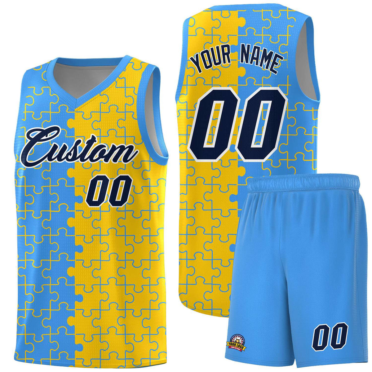 Custom Youth Basketball Jersey Light Blue Gold Puzzle Pattern Add Name, Number &amp; Team Logo
