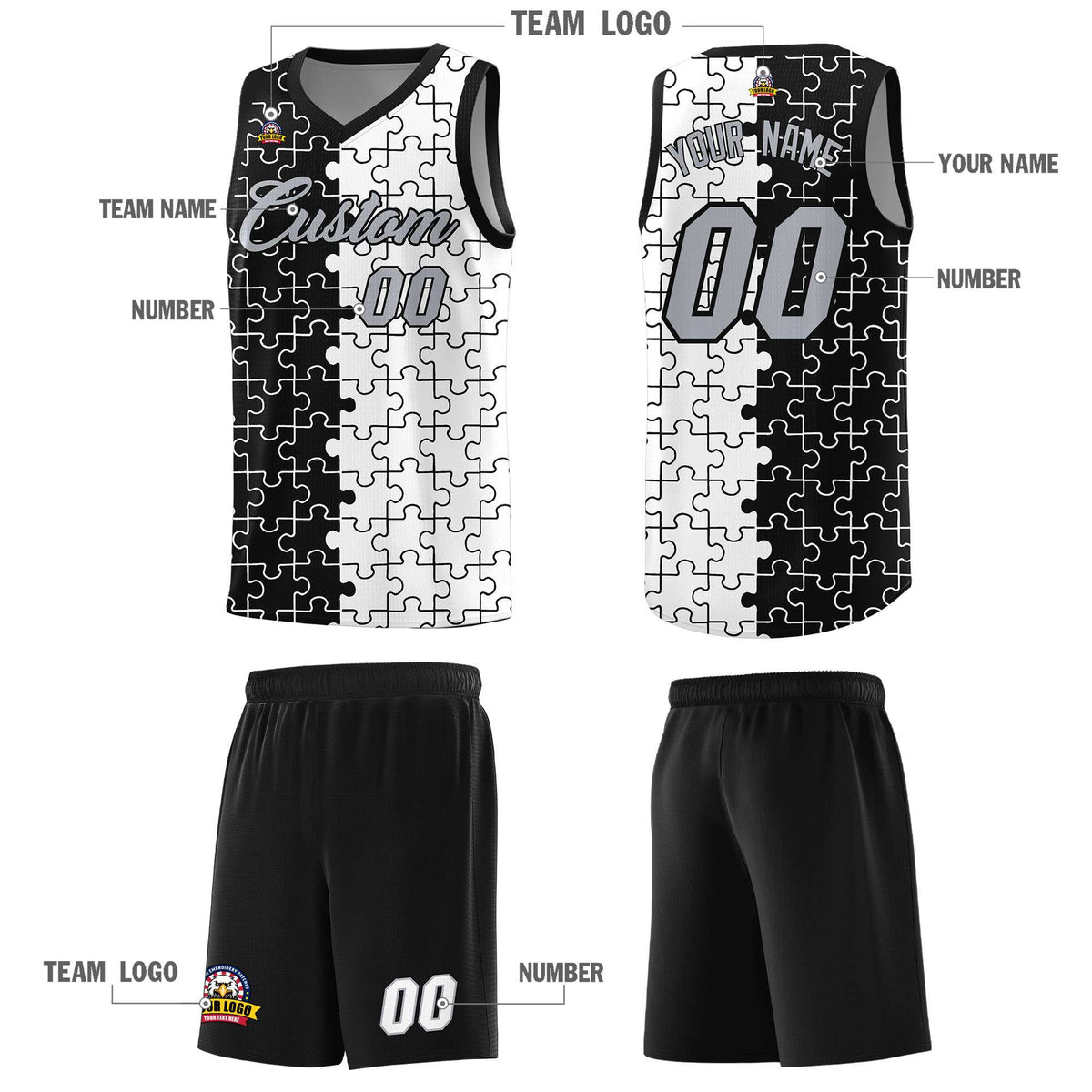 Custom Youth Basketball Jersey Black White Puzzle Pattern Breathable Team Uniform
