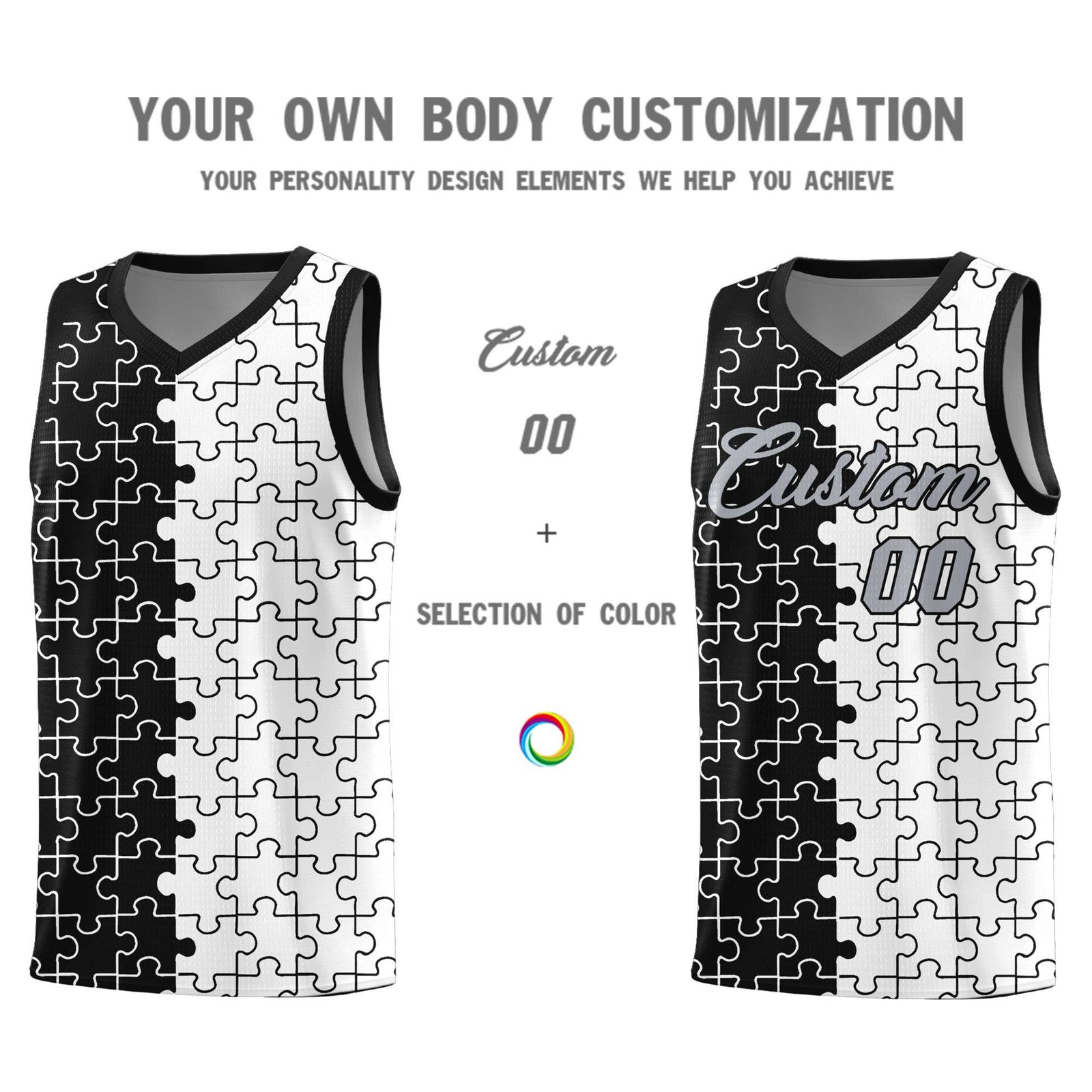 Custom Youth Basketball Jersey Black White Puzzle Pattern Breathable Team Uniform