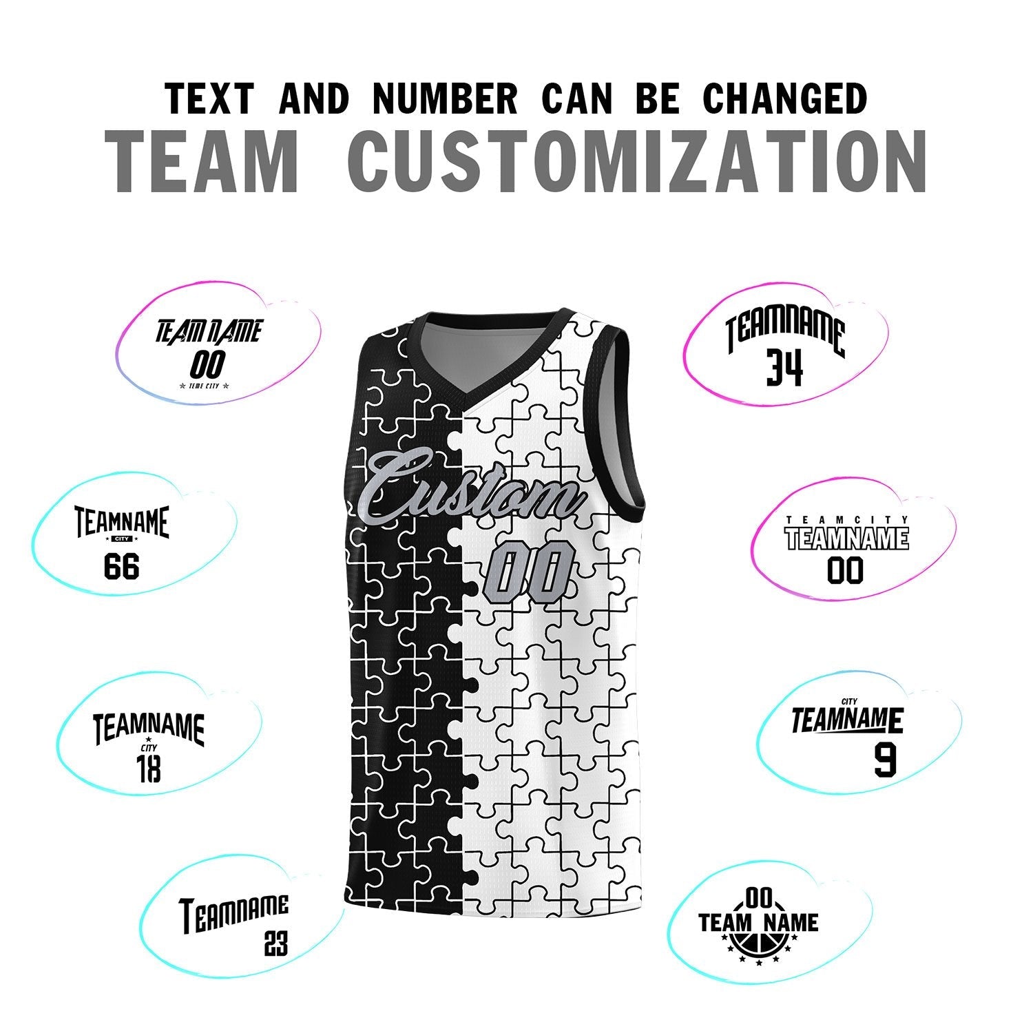 Custom Youth Basketball Jersey Black White Puzzle Pattern Breathable Team Uniform