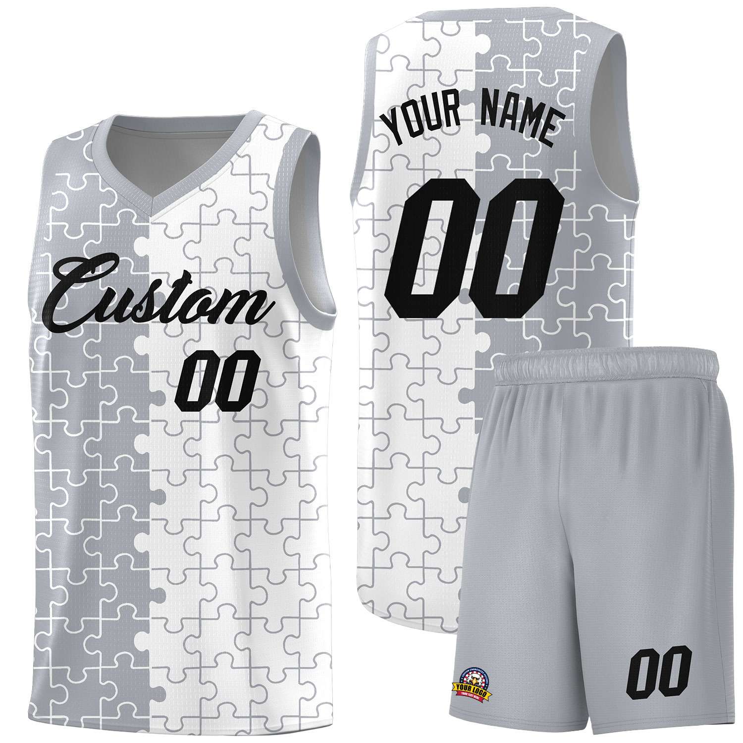Custom Youth Basketball Jersey Gray White Puzzle Pattern Personalized Team Uniform