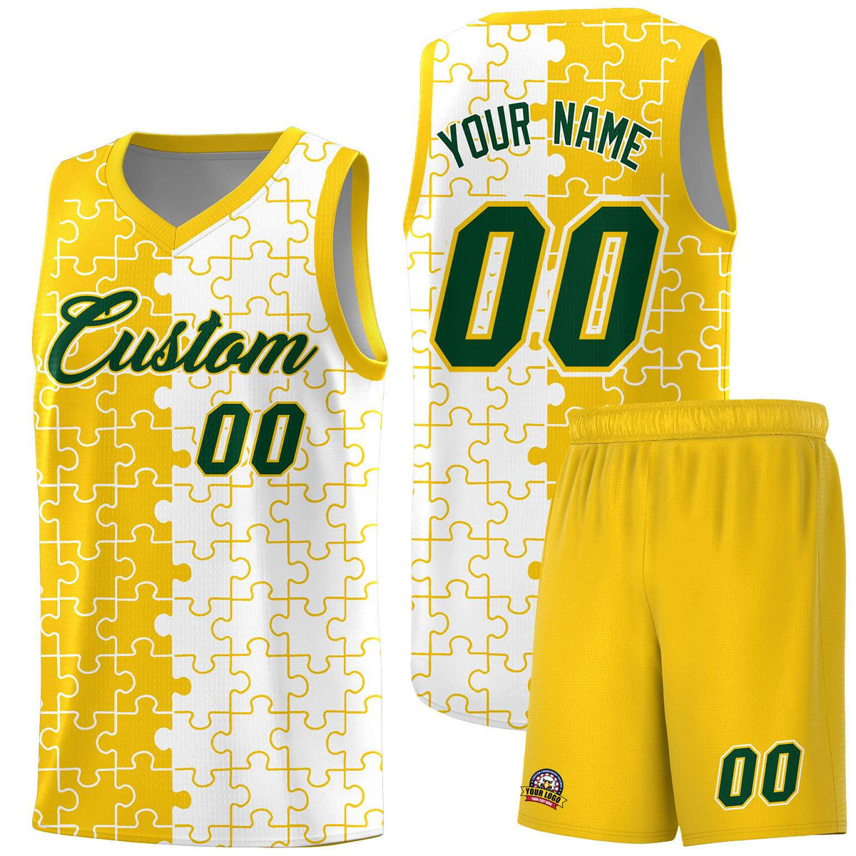Custom Youth Basketball Jersey Gold White Puzzle Pattern Add Name, Number &amp; Team Logo