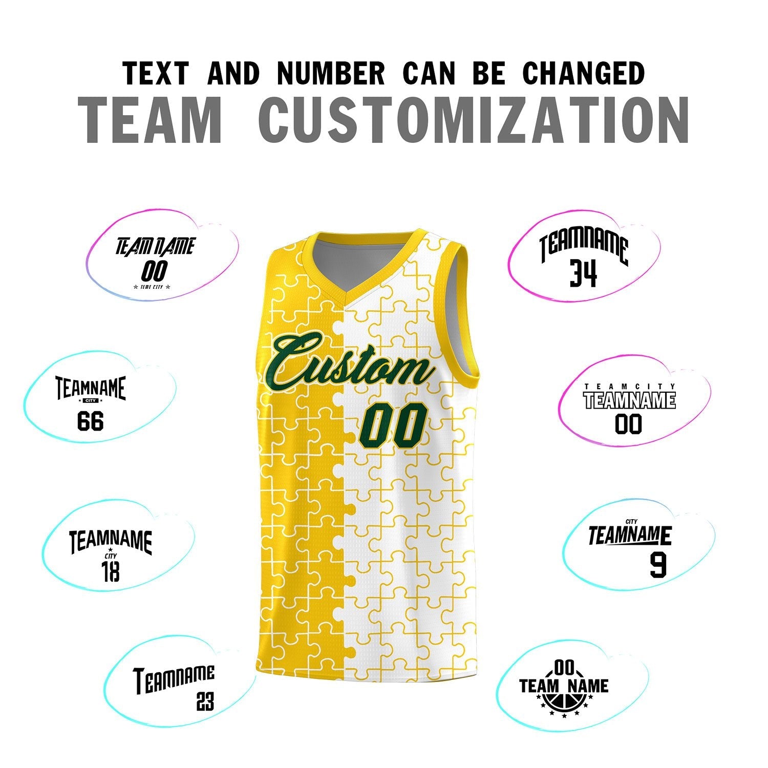 Custom Youth Basketball Jersey Gold White Puzzle Pattern Add Name, Number & Team Logo