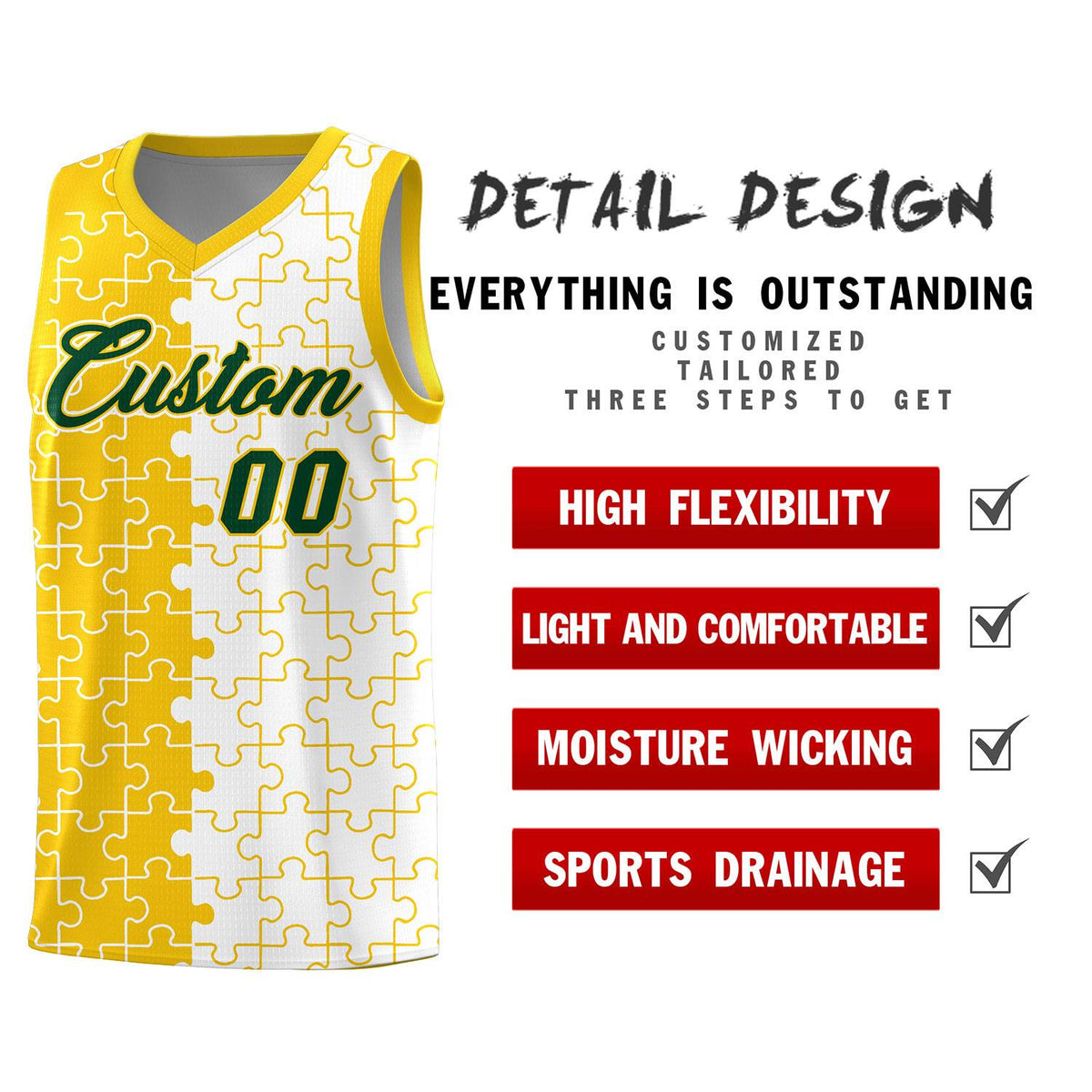 Custom Youth Basketball Jersey Gold White Puzzle Pattern Add Name, Number &amp; Team Logo