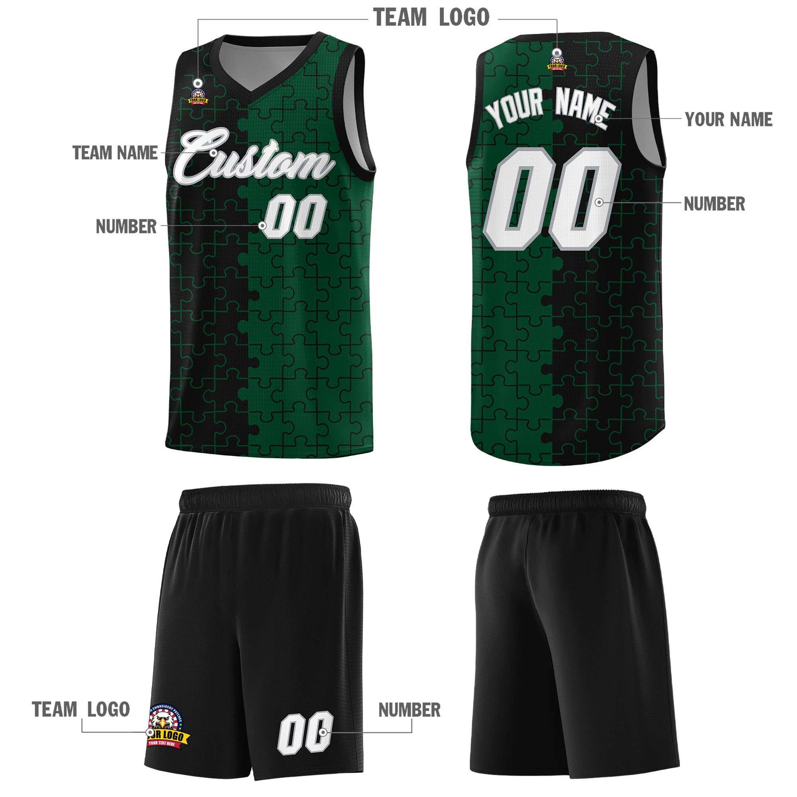 Custom Youth Basketball Jersey Black Green Puzzle Pattern Breathable Team Uniform