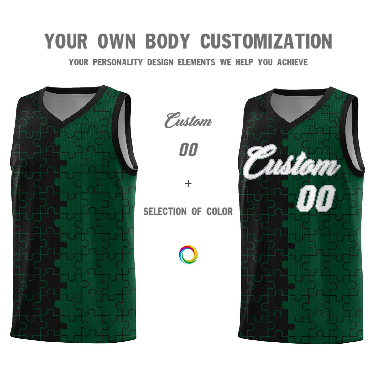 Custom Youth Basketball Jersey Black Green Puzzle Pattern Breathable Team Uniform
