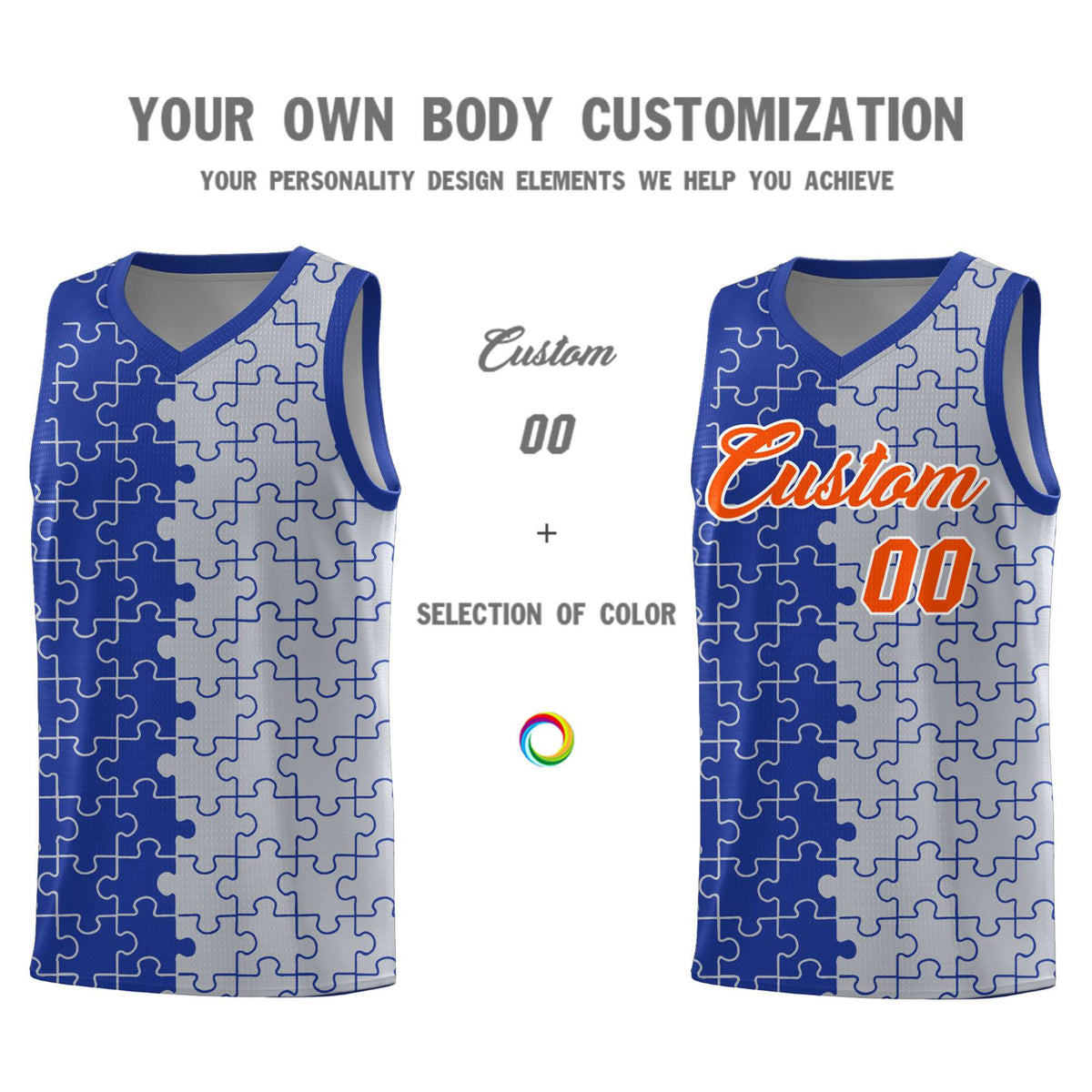 Custom Youth Basketball Jersey Royal Blue Gray Puzzle Pattern Moisture-Wicking Team Uniform