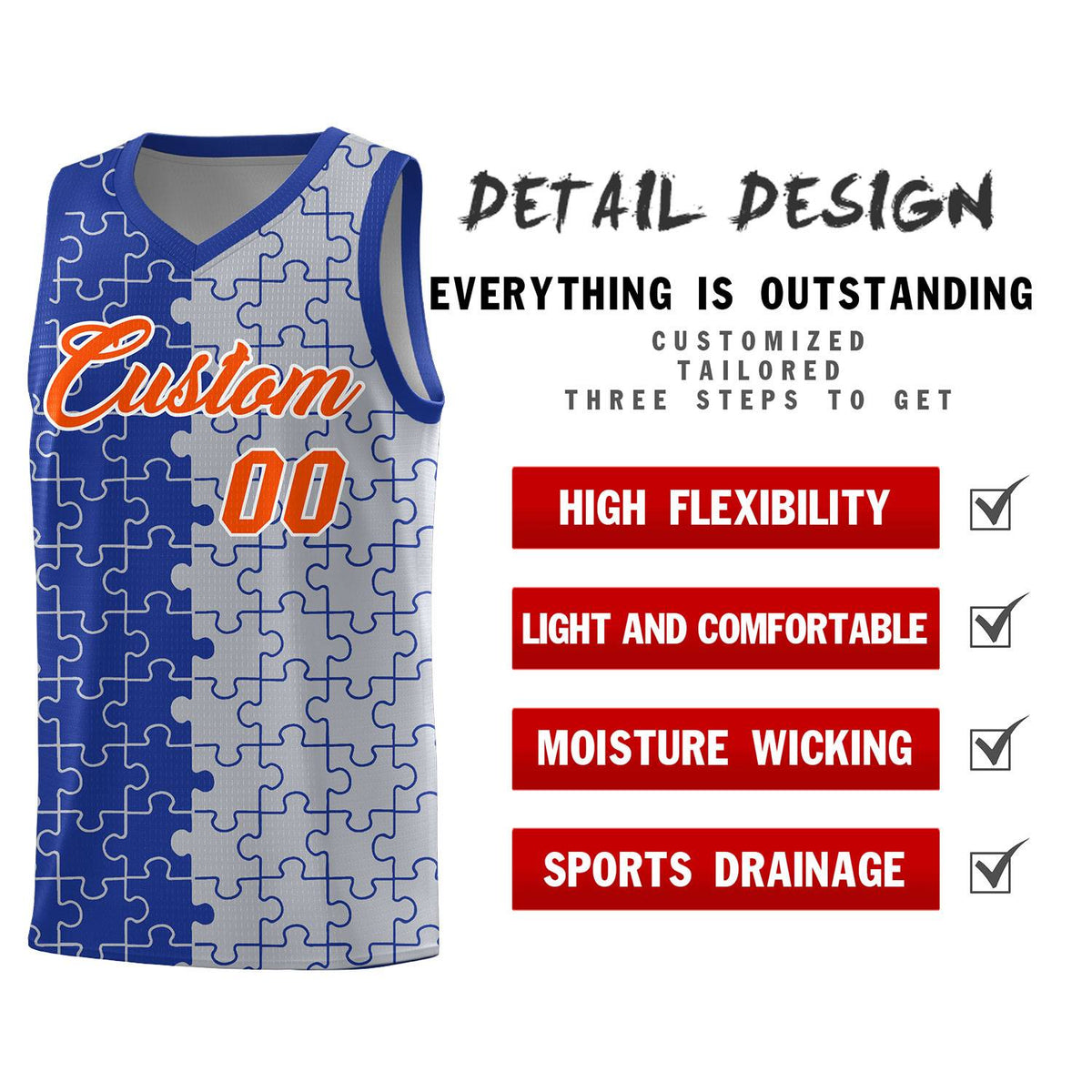 Custom Youth Basketball Jersey Royal Blue Gray Puzzle Pattern Moisture-Wicking Team Uniform