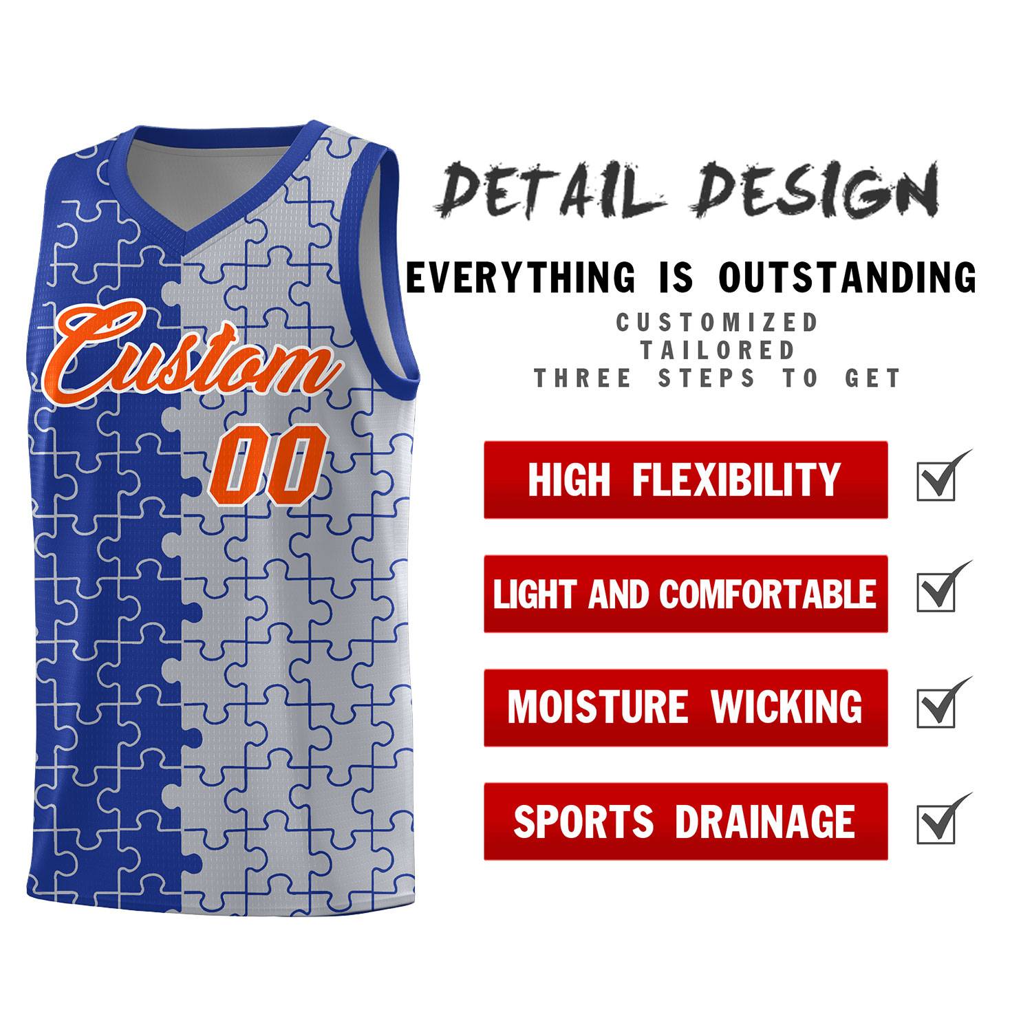 Custom Youth Basketball Jersey Royal Blue Gray Puzzle Pattern Moisture-Wicking Team Uniform