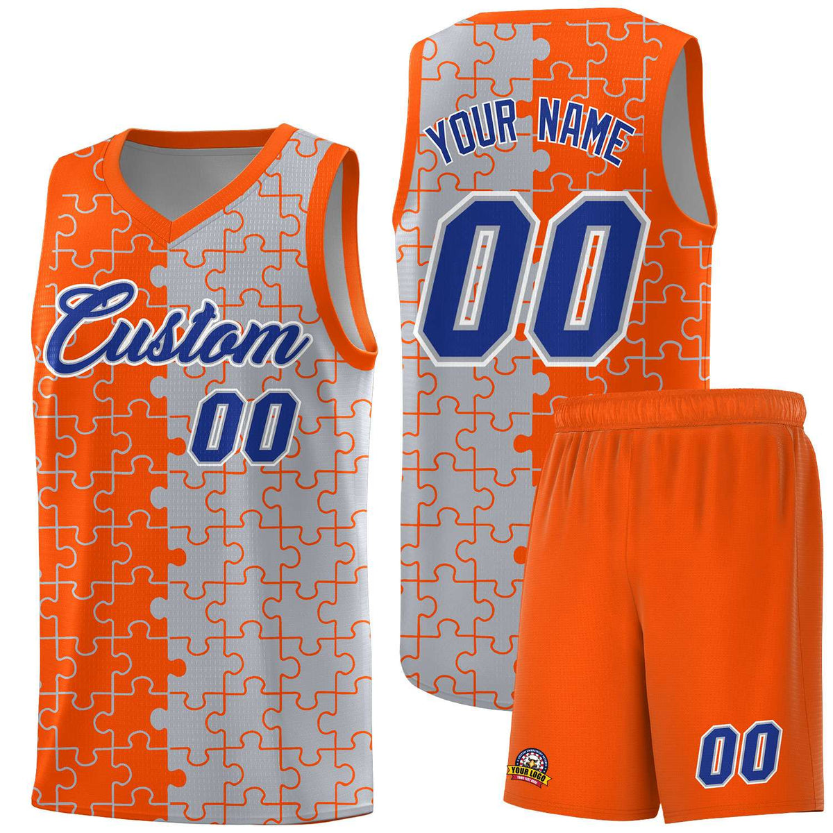 Custom Youth Basketball Jersey Orange Gray Puzzle Pattern Personalized Team Uniform