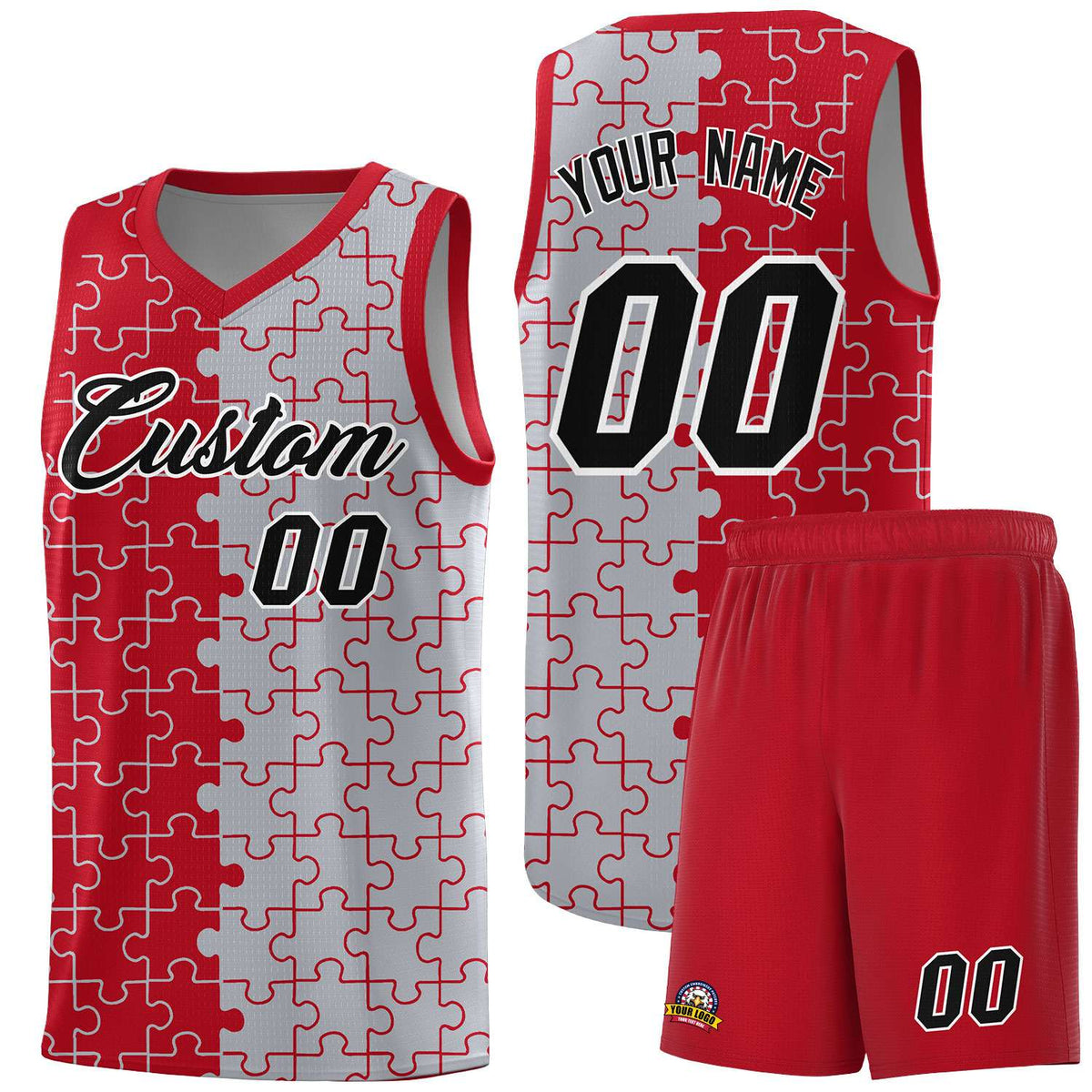 Custom Youth Basketball Jersey Red Gray Puzzle Pattern Add Name, Number &amp; Team Logo