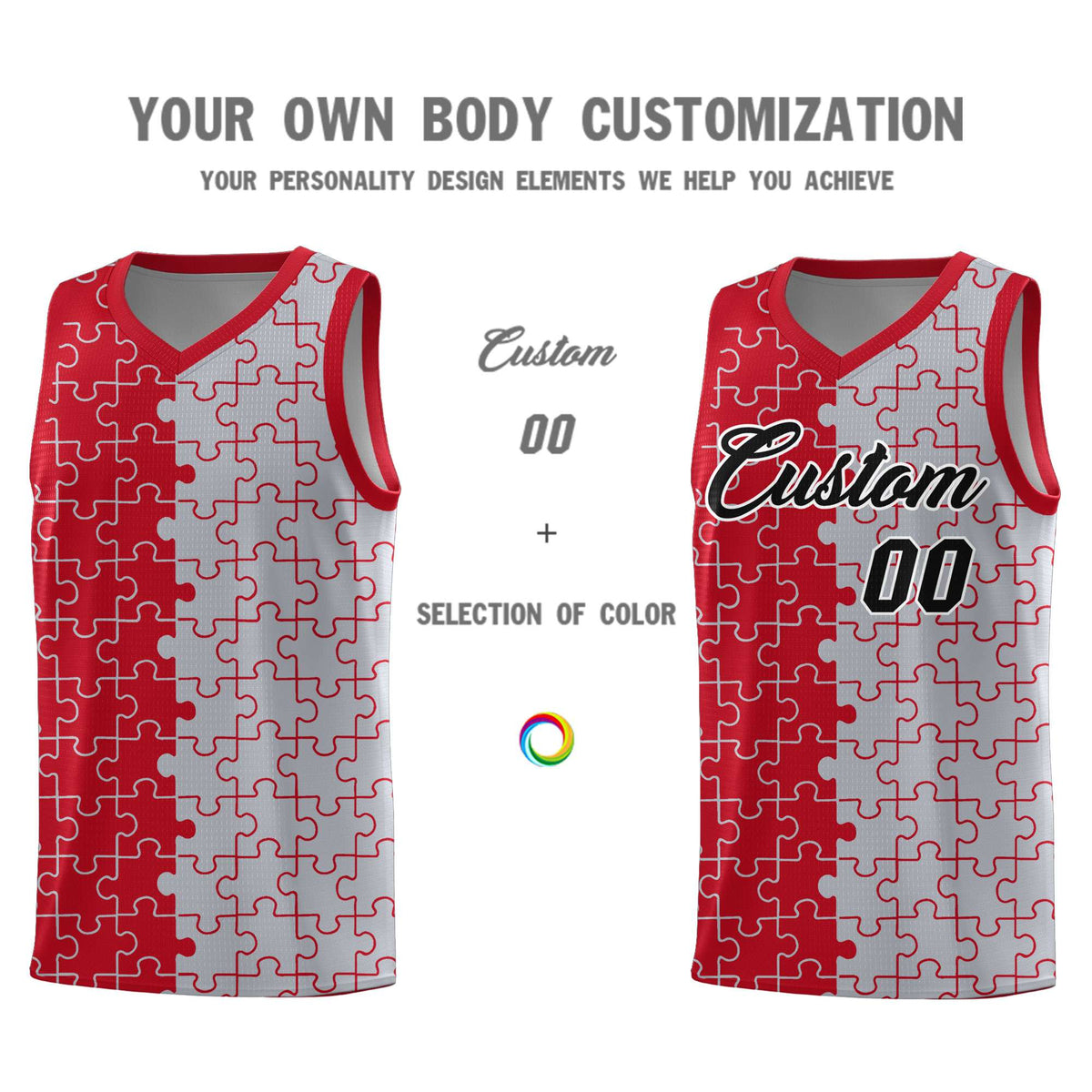 Custom Youth Basketball Jersey Red Gray Puzzle Pattern Add Name, Number &amp; Team Logo