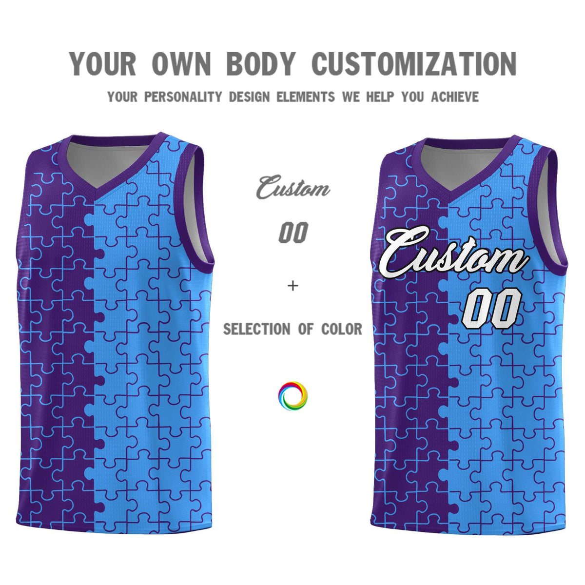 Custom Youth Basketball Jersey Purple Light Blue Puzzle Pattern Breathable Team Uniform