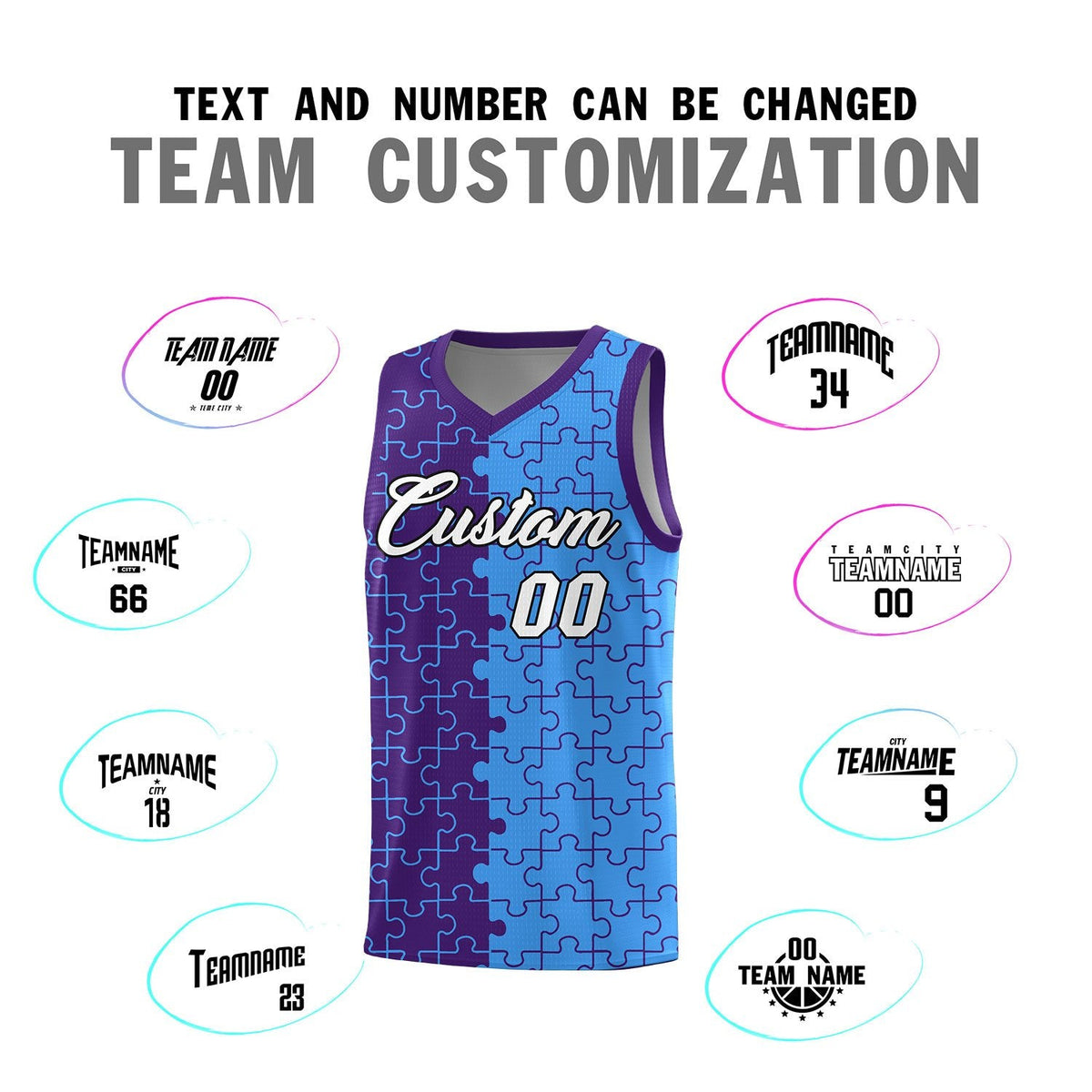 Custom Youth Basketball Jersey Purple Light Blue Puzzle Pattern Breathable Team Uniform
