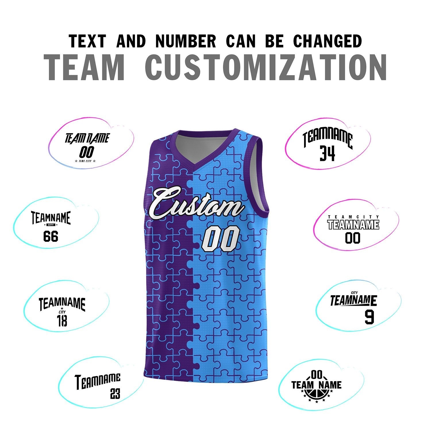 Custom Youth Basketball Jersey Purple Light Blue Puzzle Pattern Breathable Team Uniform