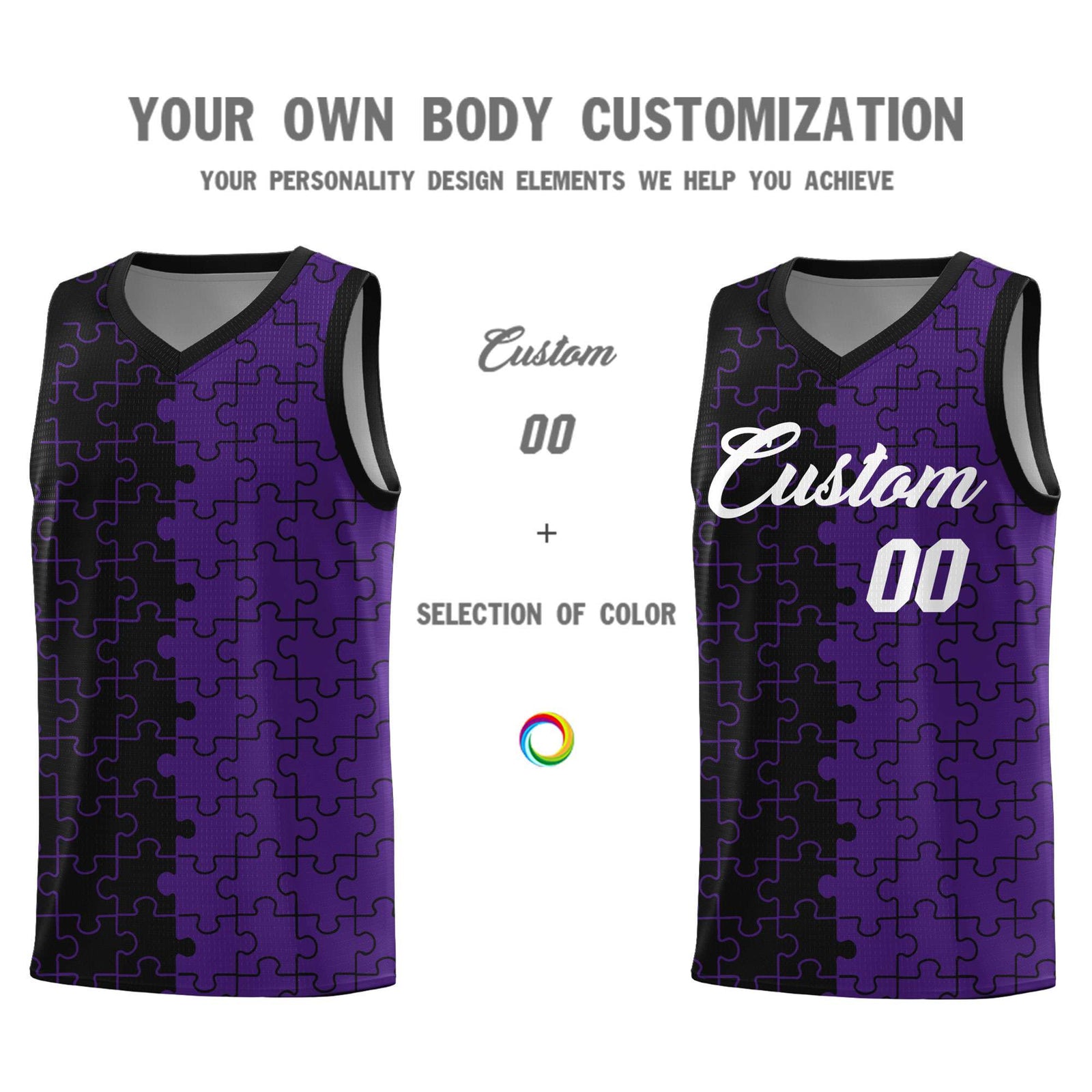 Custom Youth Basketball Jersey Black Purple Puzzle Pattern Moisture-Wicking Team Uniform