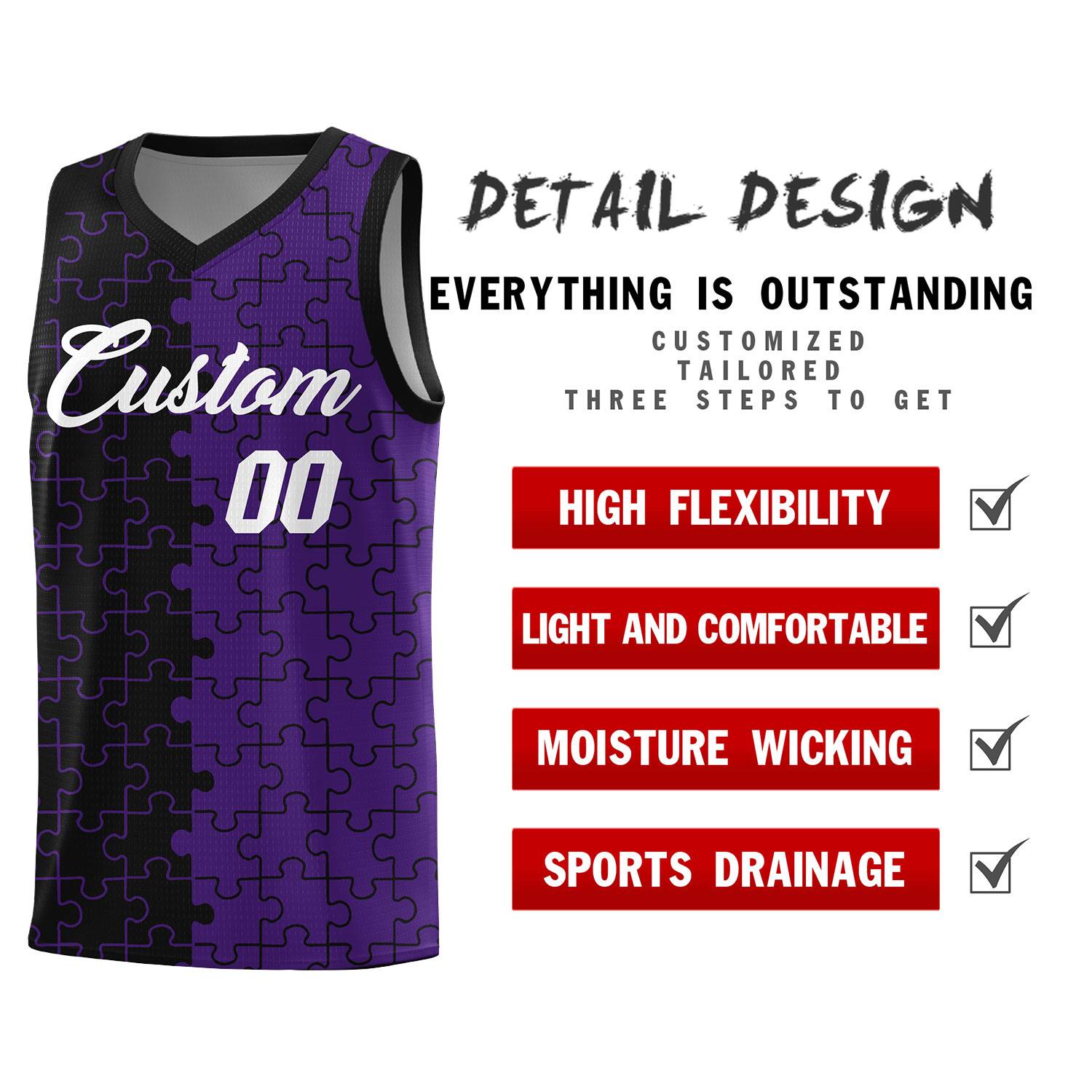 Custom Youth Basketball Jersey Black Purple Puzzle Pattern Moisture-Wicking Team Uniform