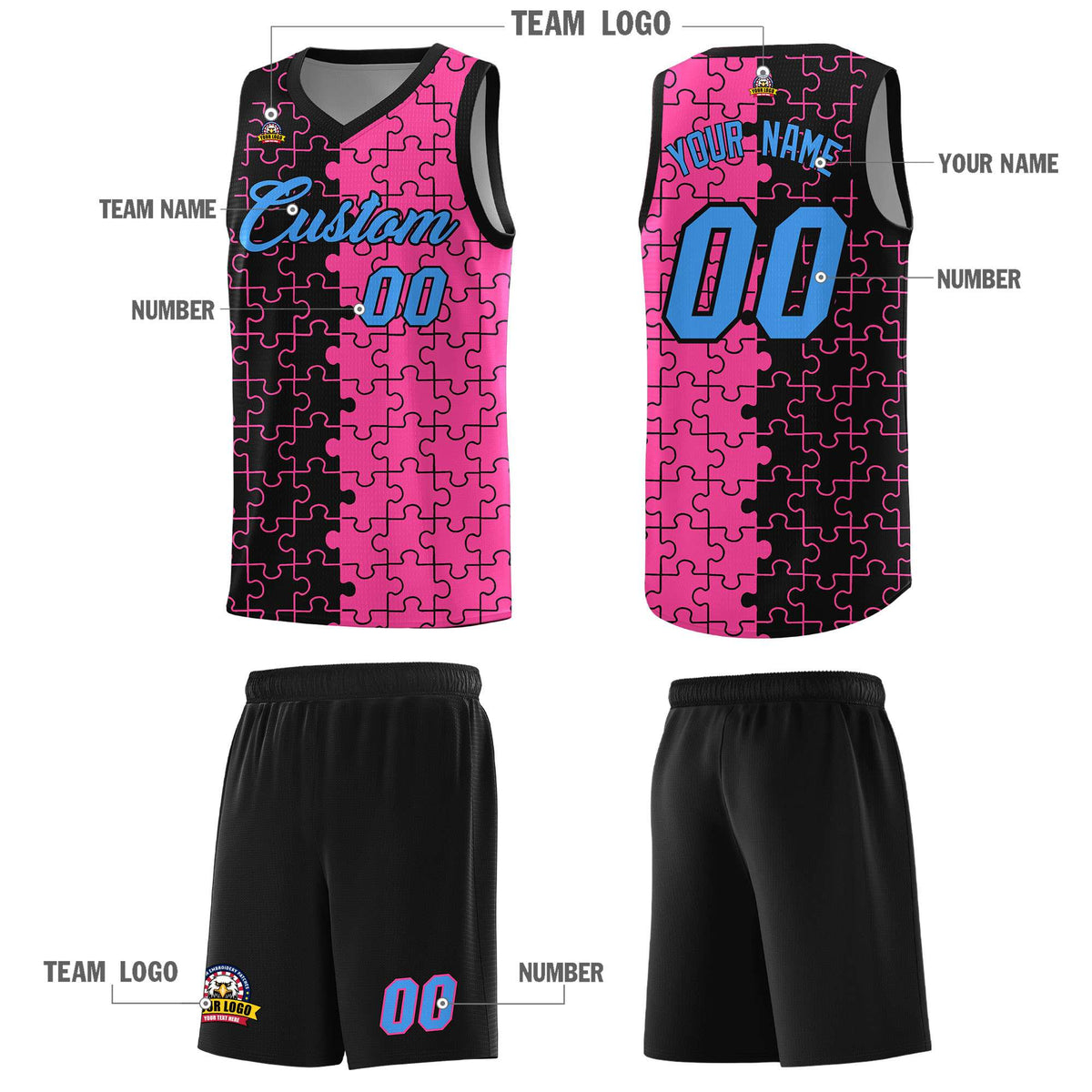 Custom Youth Basketball Jersey Black Pink Puzzle Pattern Add Name, Number &amp; Team Logo